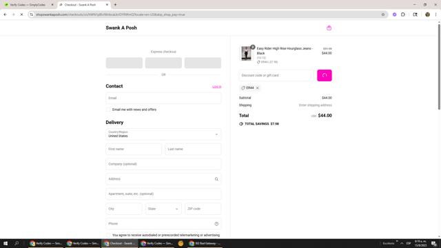 Swank A Posh checkout page showing Swank A Posh discount code box | Screenshot taken by SimplyCodes community member on Aug 15, 2025