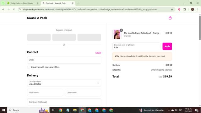 Swank A Posh checkout page showing Swank A Posh discount code box | Screenshot taken by SimplyCodes community member on Jul 17, 2025