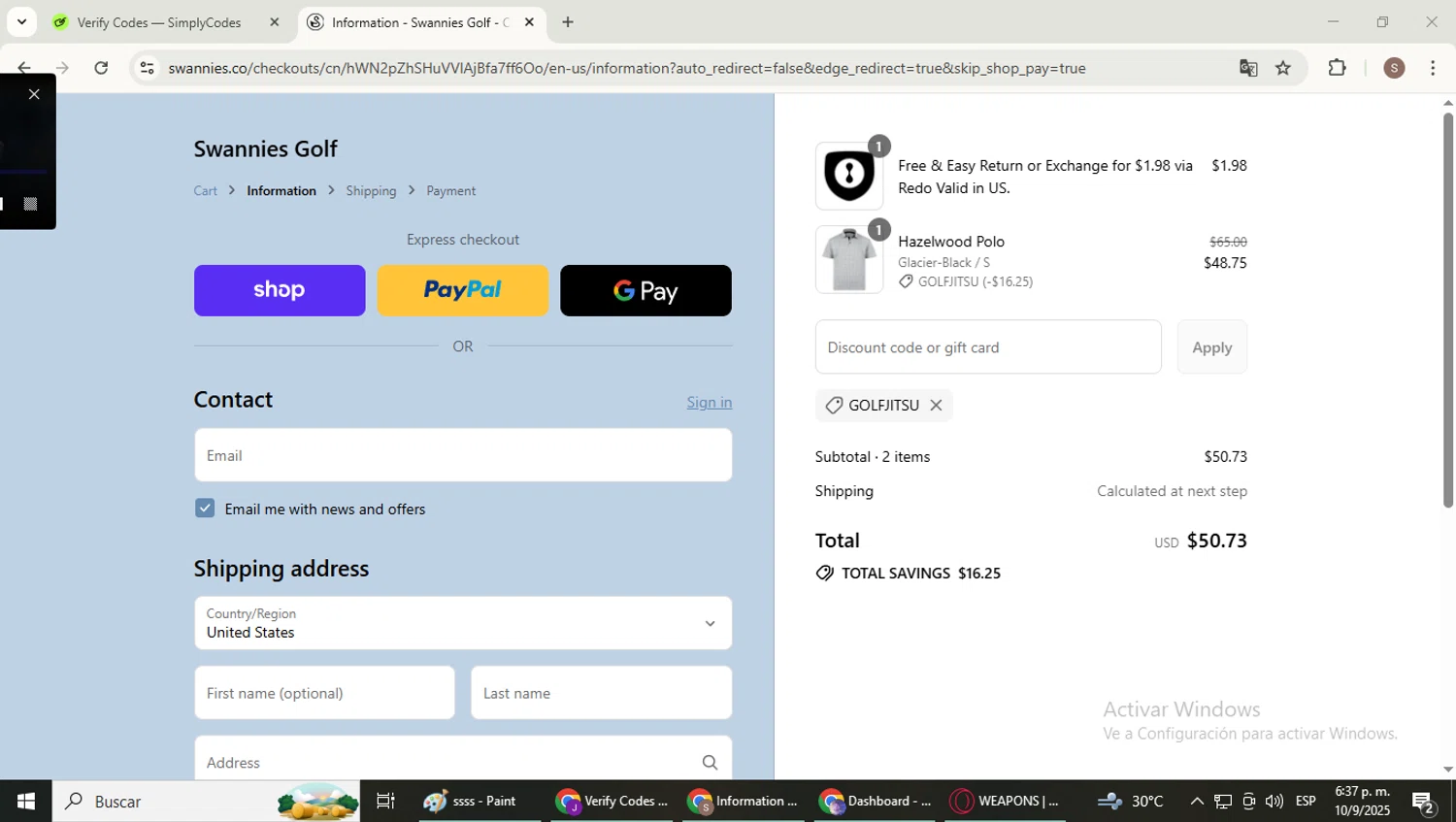 Swannies Golf discount code screenshot showing code GOLFJITSU applied at Swannies Golf checkout page. Uploaded by SimplyCodes community member WiseExpert2972 on Sep 10, 2025