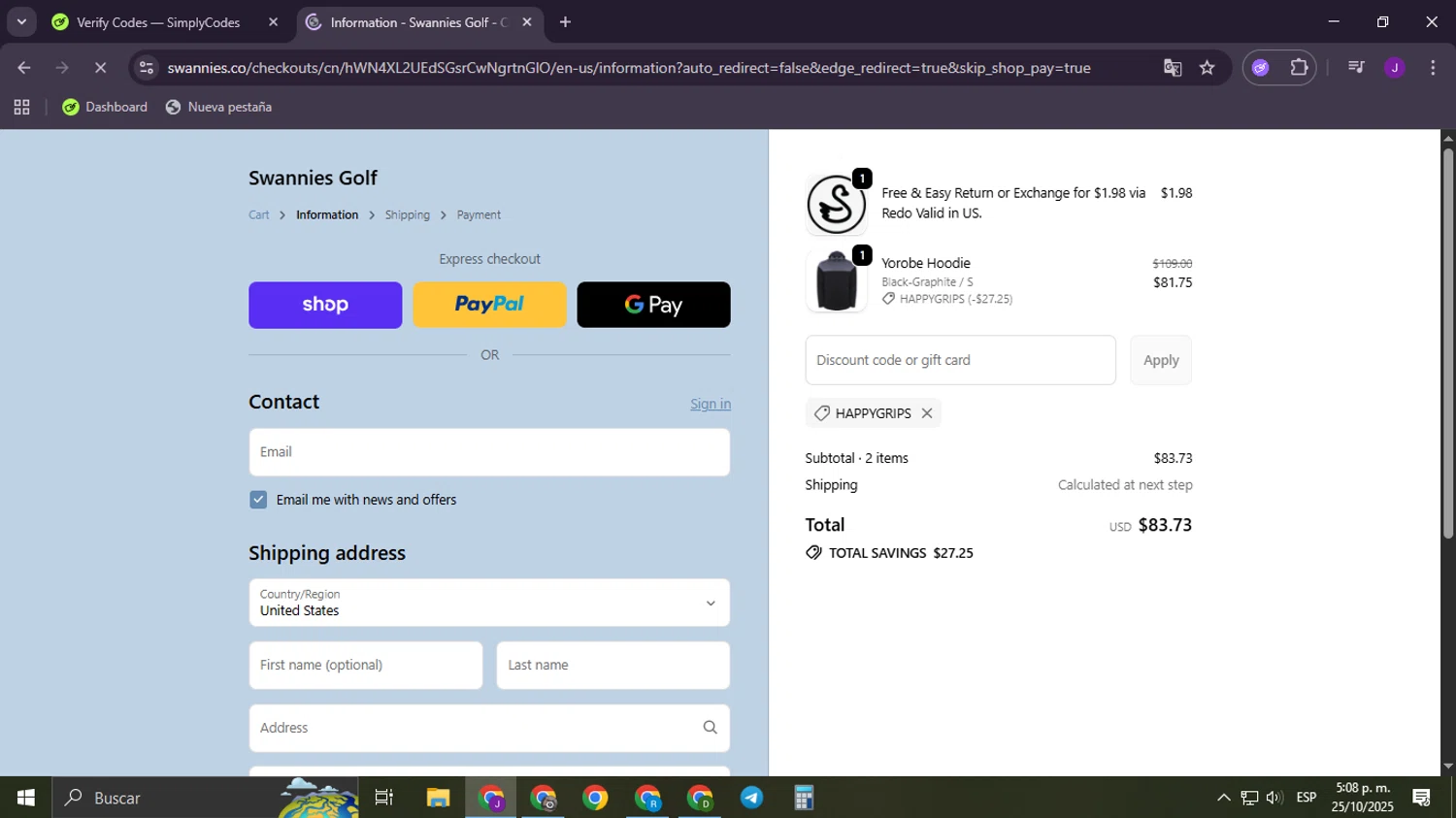Swannies Golf discount code screenshot showing code HAPPYGRIPS applied at Swannies Golf checkout page. Uploaded by SimplyCodes community member failful on Oct 25, 2025