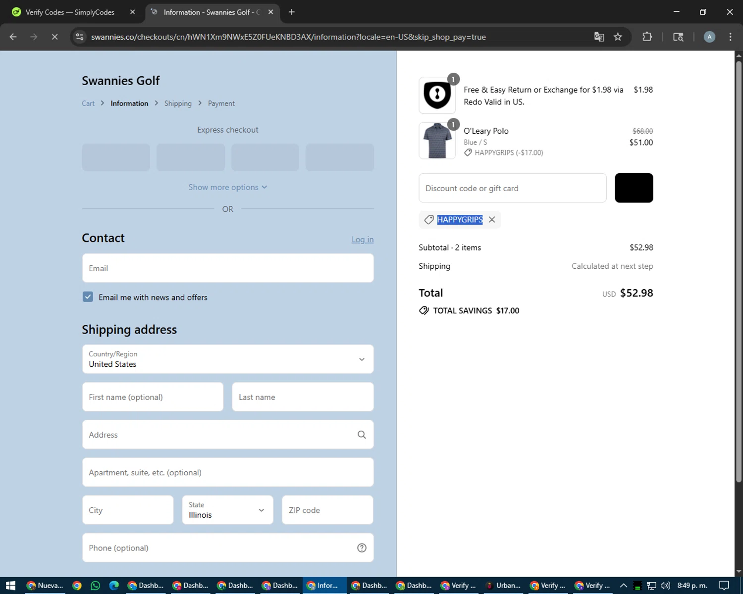Swannies Golf discount code screenshot showing code HAPPYGRIPS applied at Swannies Golf checkout page. Uploaded by SimplyCodes community member trippieredd on Aug 8, 2025