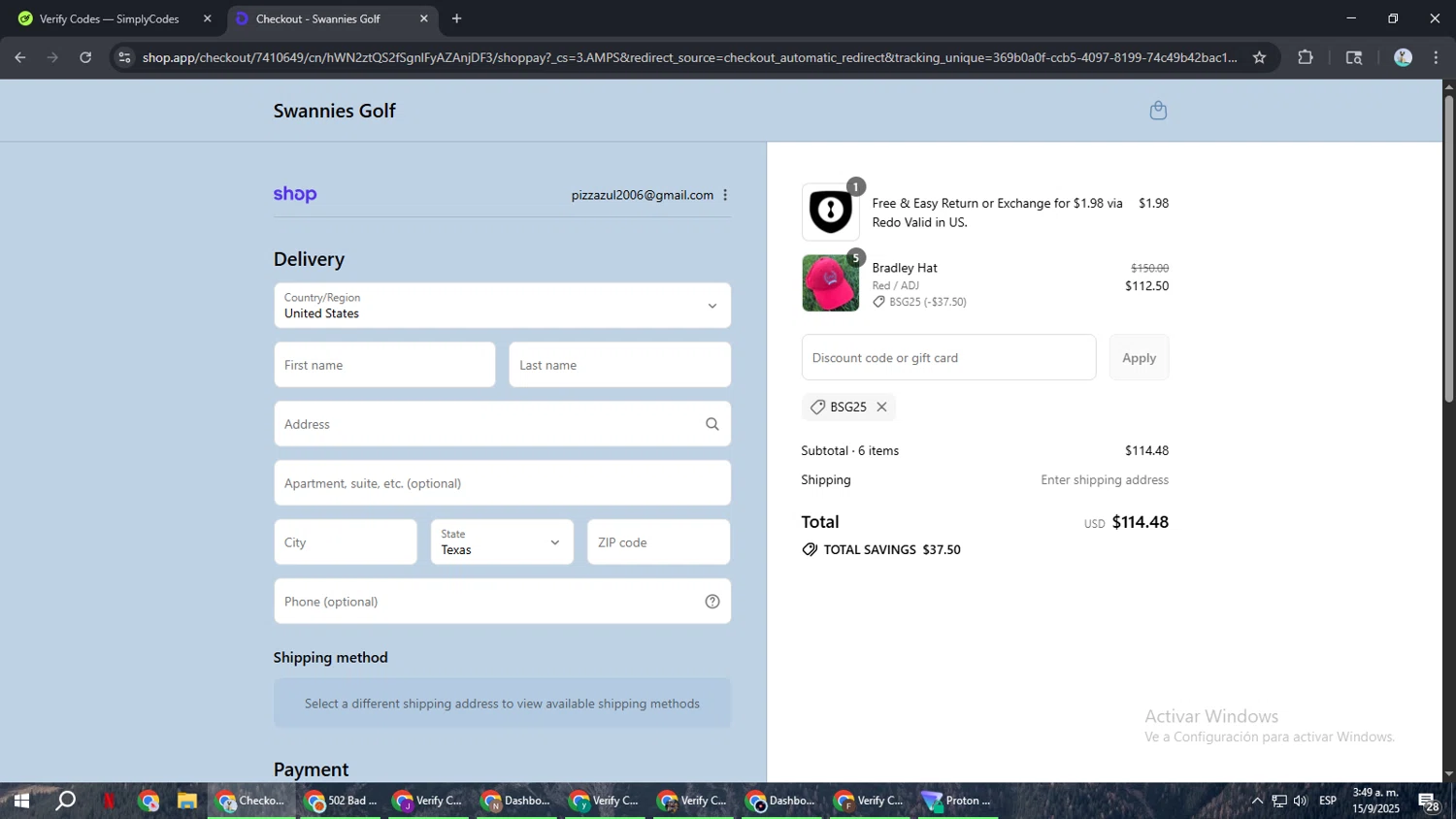 Swannies Golf discount code screenshot showing code BSG25 applied at Swannies Golf checkout page. Uploaded by SimplyCodes community member ShrewdSeeker6165 on Sep 15, 2025