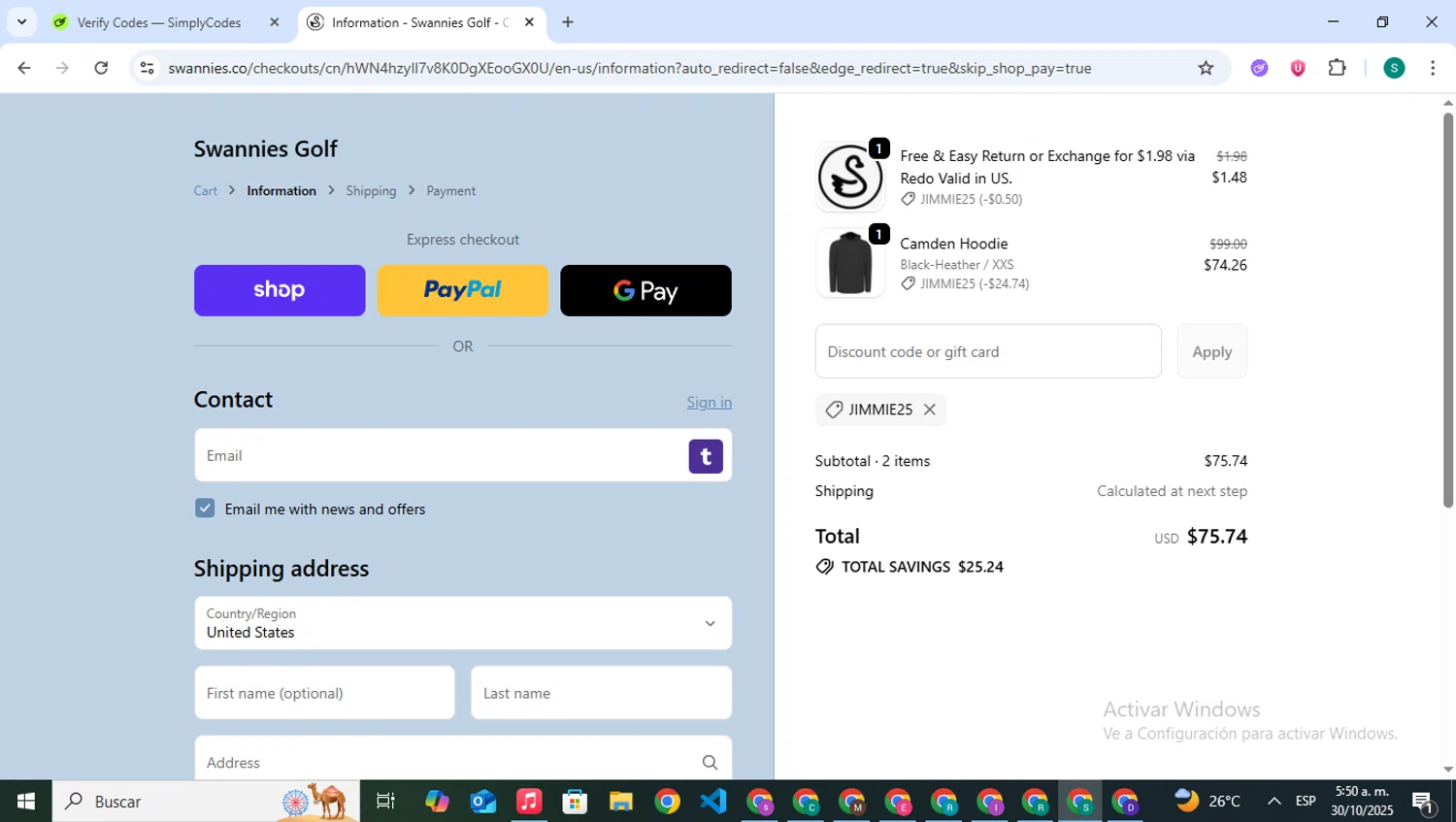 Swannies Golf discount code screenshot showing code JIMMIE25 applied at Swannies Golf checkout page. Uploaded by SimplyCodes community member VictoriousPilot5281 on Oct 30, 2025