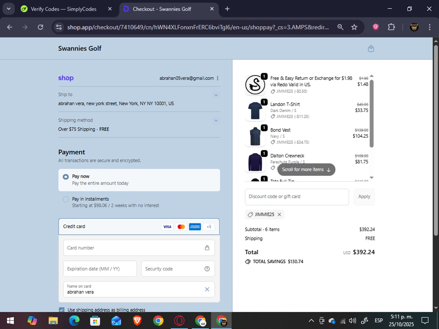 Swannies Golf discount code screenshot showing code JIMMIE25 applied at Swannies Golf checkout page. Uploaded by SimplyCodes community member abrahanv on Oct 25, 2025