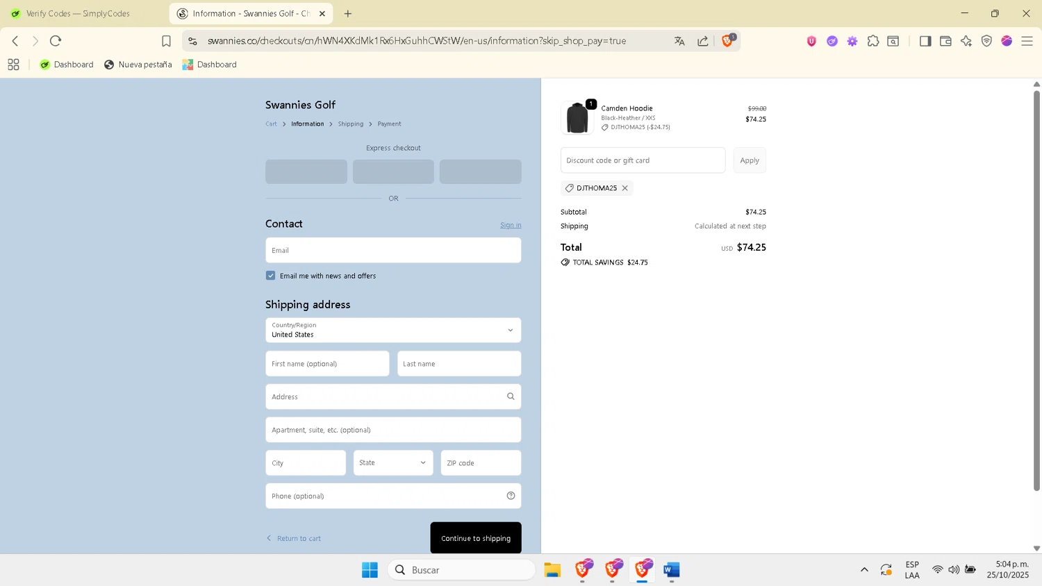Swannies Golf discount code screenshot showing code DJTHOMA25 applied at Swannies Golf checkout page. Uploaded by SimplyCodes community member Esterasa on Oct 25, 2025