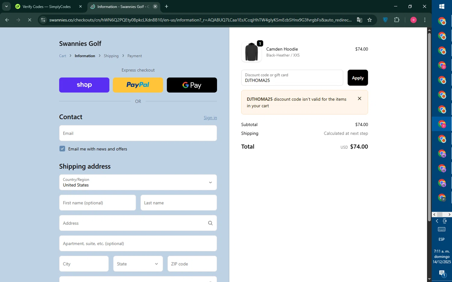 Swannies Golf discount code screenshot showing code DJTHOMA25 applied at Swannies Golf checkout page. Uploaded by SimplyCodes community member RebateNavigator926 on Dec 14, 2025