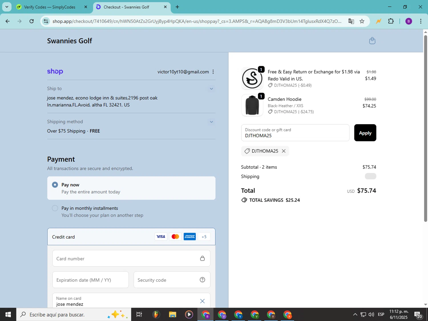 Swannies Golf discount code screenshot showing code DJTHOMA25 applied at Swannies Golf checkout page. Uploaded by SimplyCodes community member Soyvictor on Nov 7, 2025