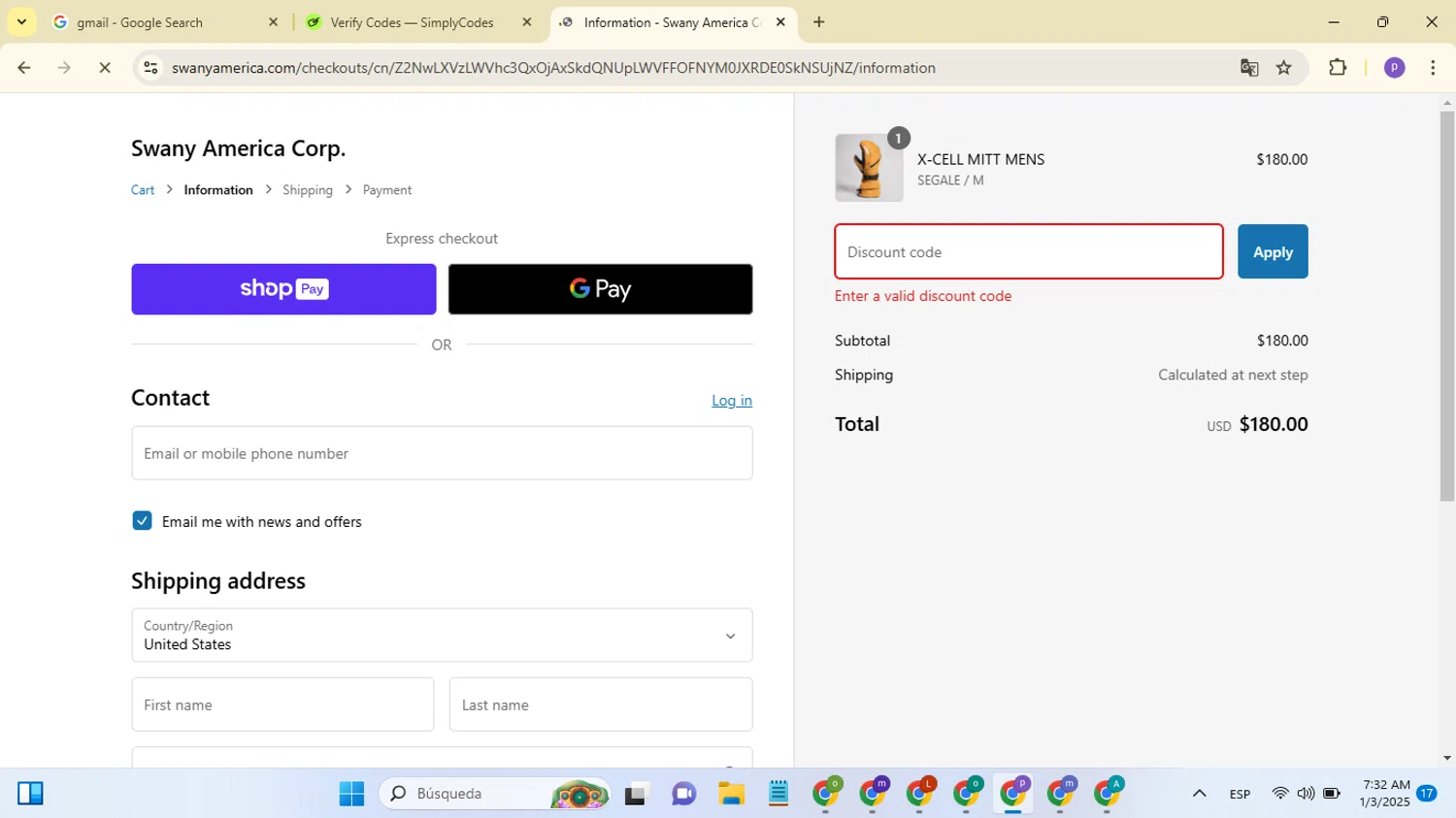 Swany Gloves promo code screenshot showing code SCARYGLOVES10 applied at Swany Gloves checkout page. Uploaded by SimplyCodes community member MoneyGenius4709 on Jan 3, 2025