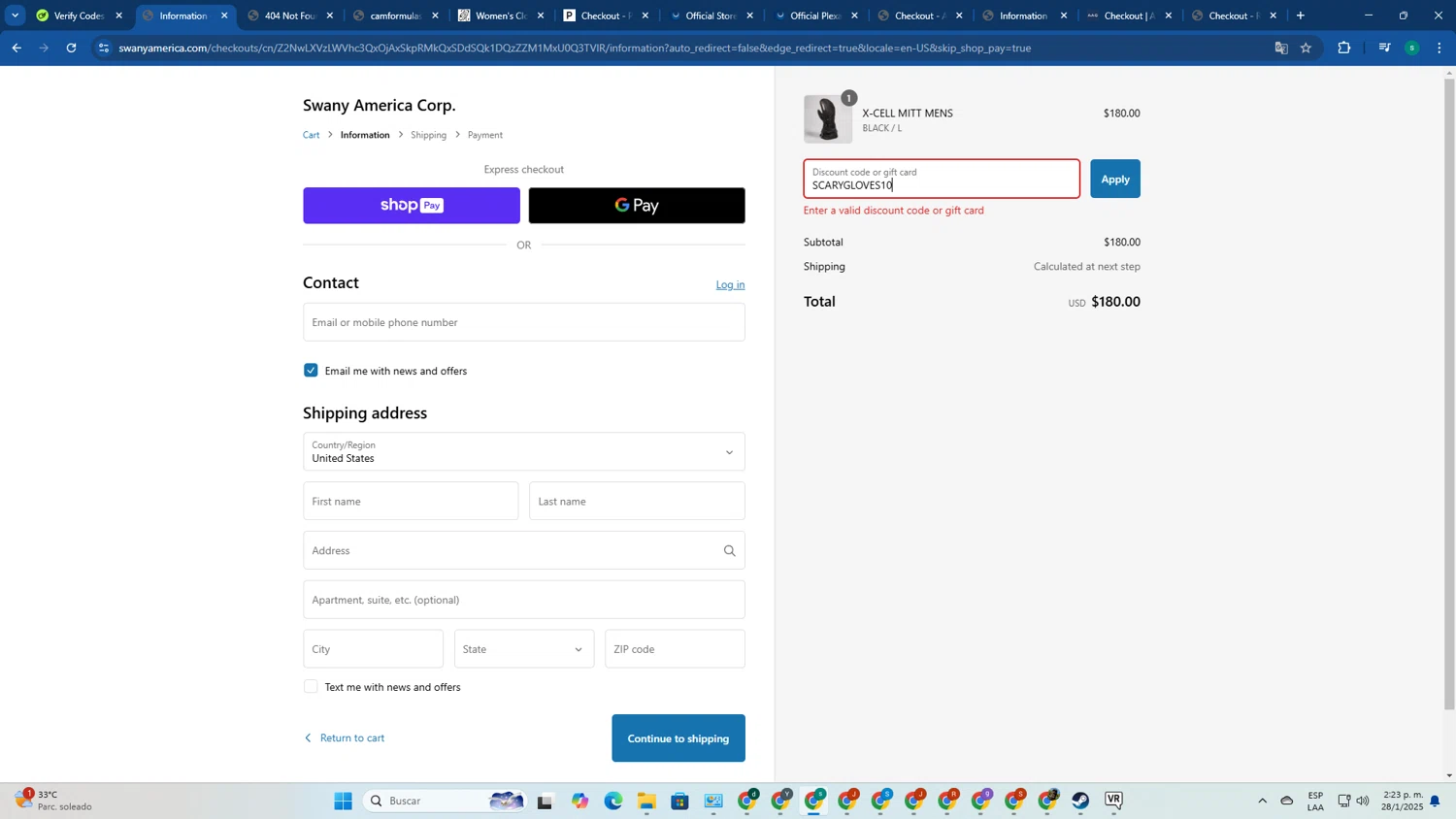 Swany Gloves promo code screenshot showing code SCARYGLOVES10 applied at Swany Gloves checkout page. Uploaded by SimplyCodes community member FrugalExpert8809 on Jan 28, 2025