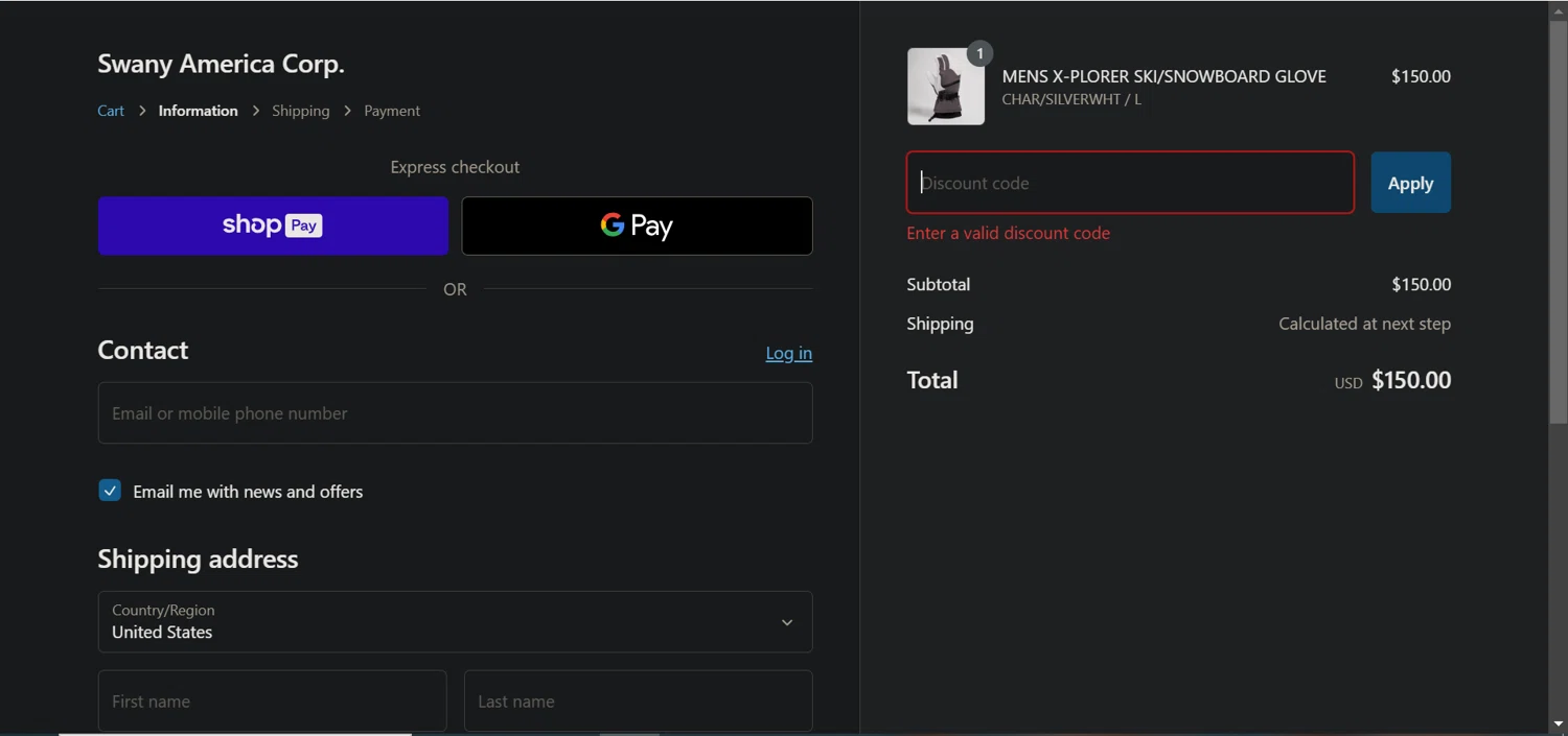 Swany Gloves promo code screenshot showing code BlackFriday20 applied at Swany Gloves checkout page. Uploaded by SimplyCodes community member hola_bebe on Jan 21, 2025