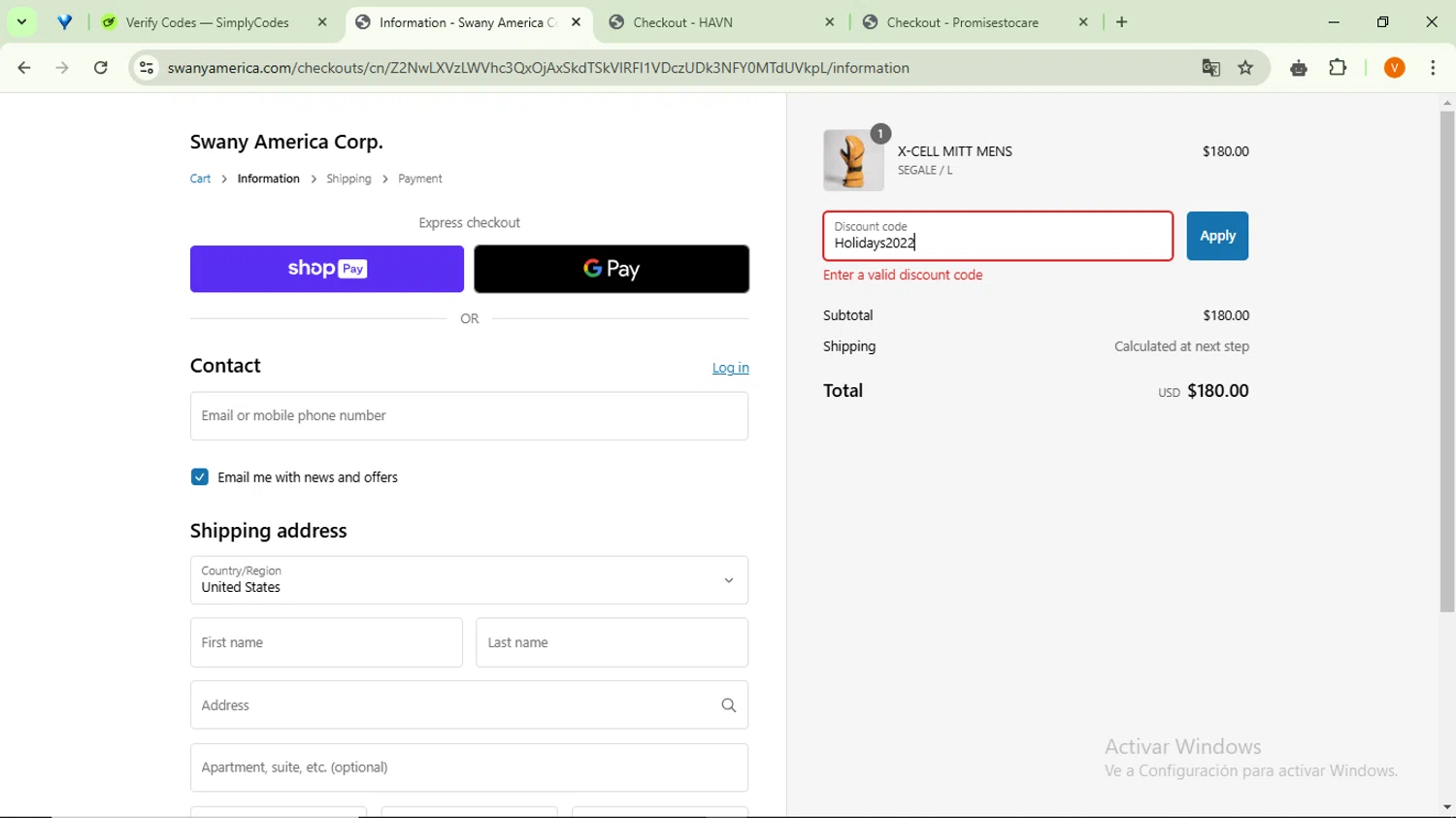 Swany Gloves promo code screenshot showing code Holidays2022 applied at Swany Gloves checkout page. Uploaded by SimplyCodes community member SavingsFinder9954 on Jan 4, 2025