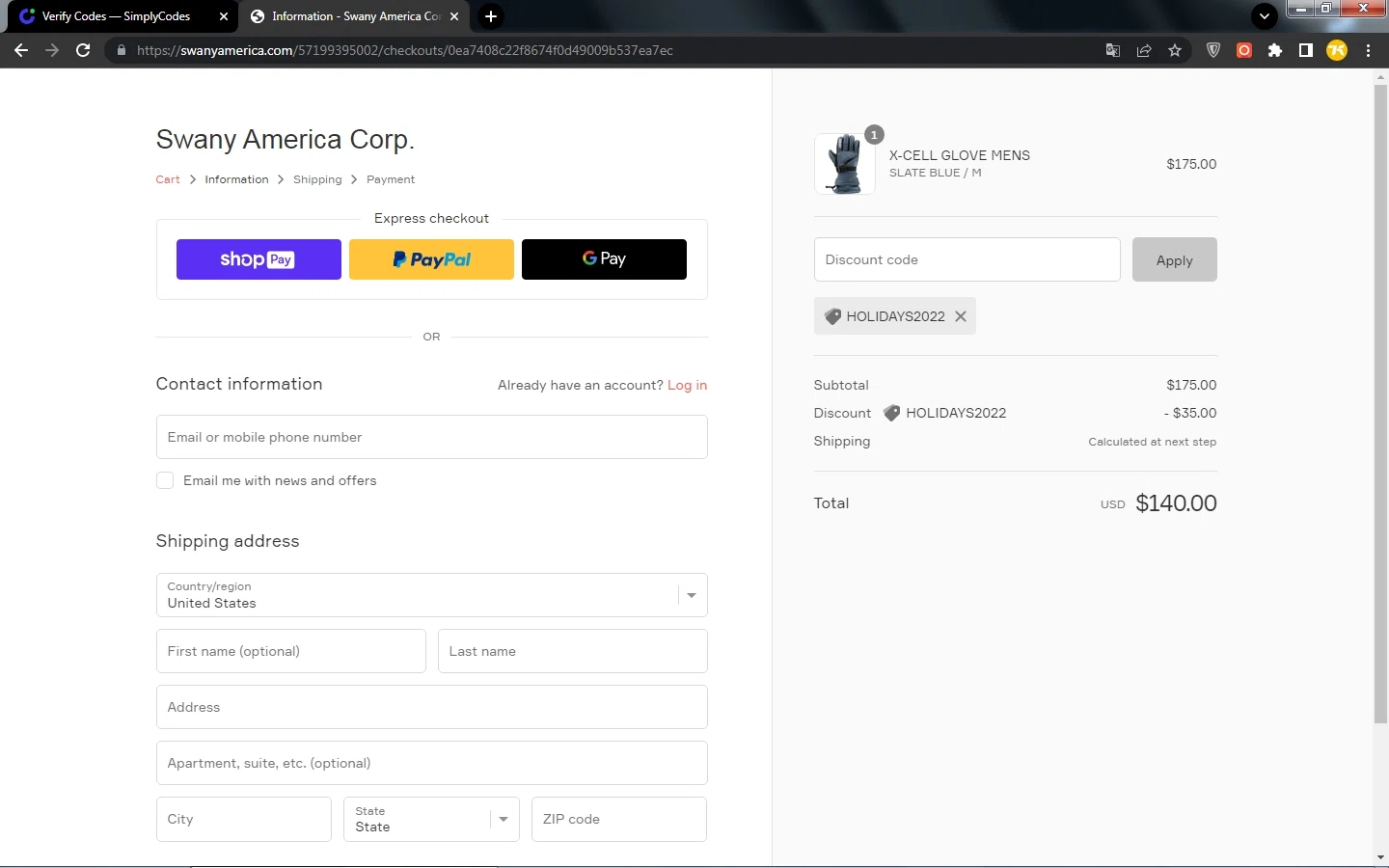Swany Gloves checkout page showing Swany Gloves promo code box | Screenshot taken by SimplyCodes community member on Dec 23, 2022