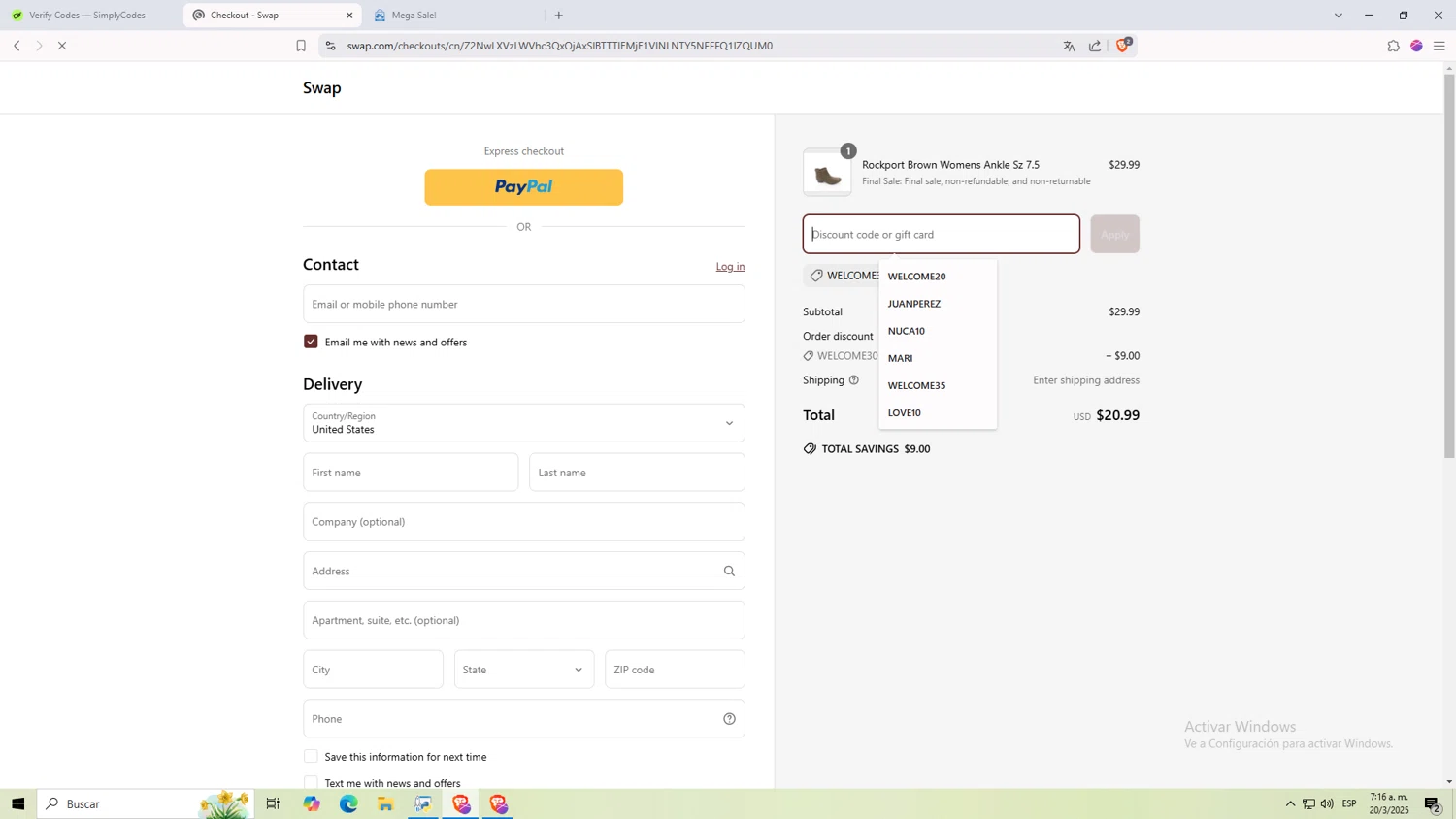 Swap coupon code screenshot showing code Welcome30 applied at Swap checkout page. Uploaded by SimplyCodes community member NARUTO_UZUMAKIsx on Mar 20, 2025