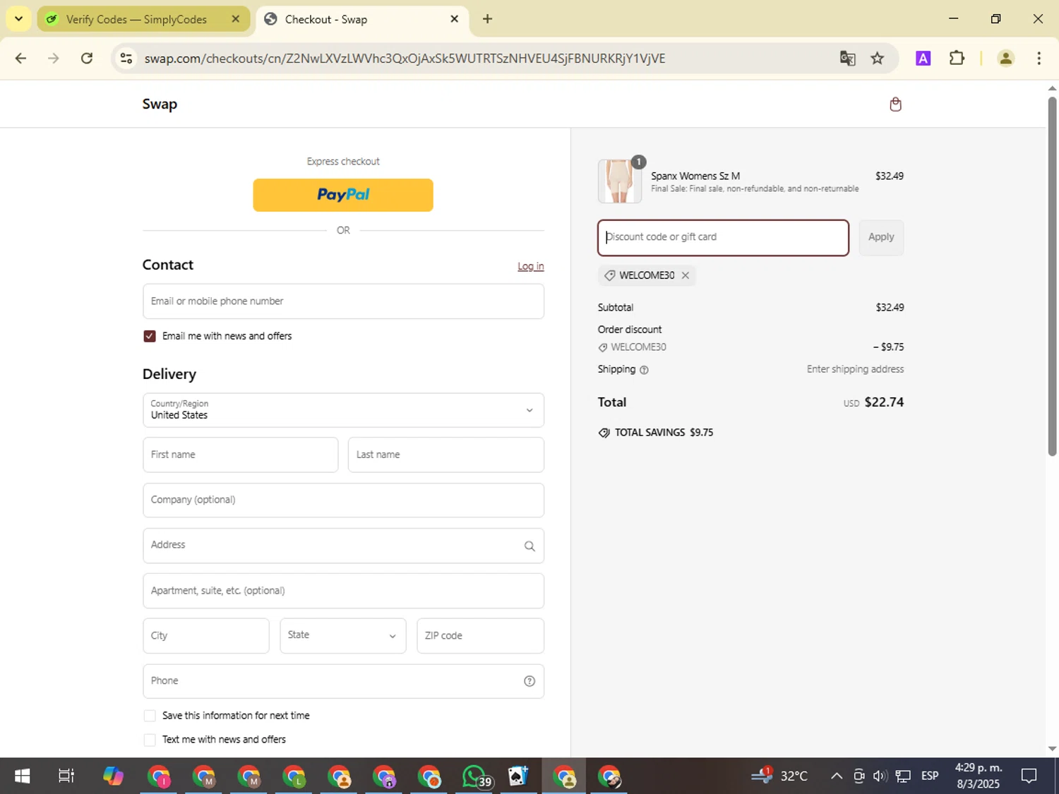 Swap coupon code screenshot showing code Welcome30 applied at Swap checkout page. Uploaded by SimplyCodes community member NobleMonarch1787 on Mar 8, 2025