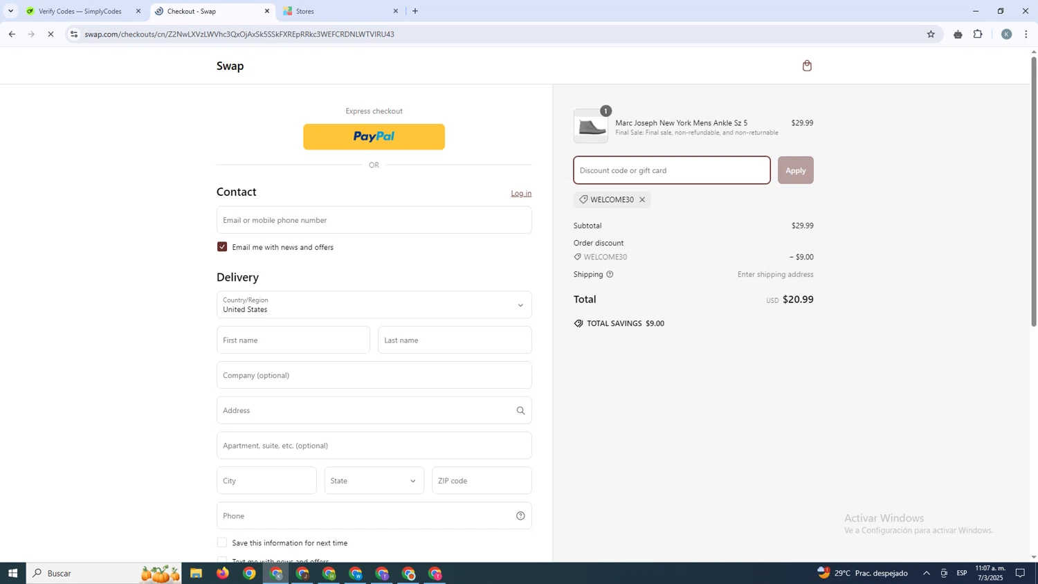 Swap coupon code screenshot showing code Welcome30 applied at Swap checkout page. Uploaded by SimplyCodes community member SavingsBoss9912 on Mar 7, 2025