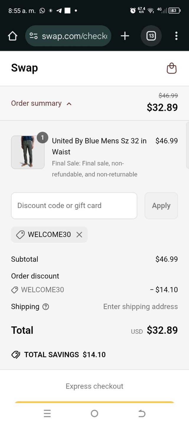 Swap checkout page showing Swap coupon code box | Screenshot taken by SimplyCodes community member on May 26, 2025