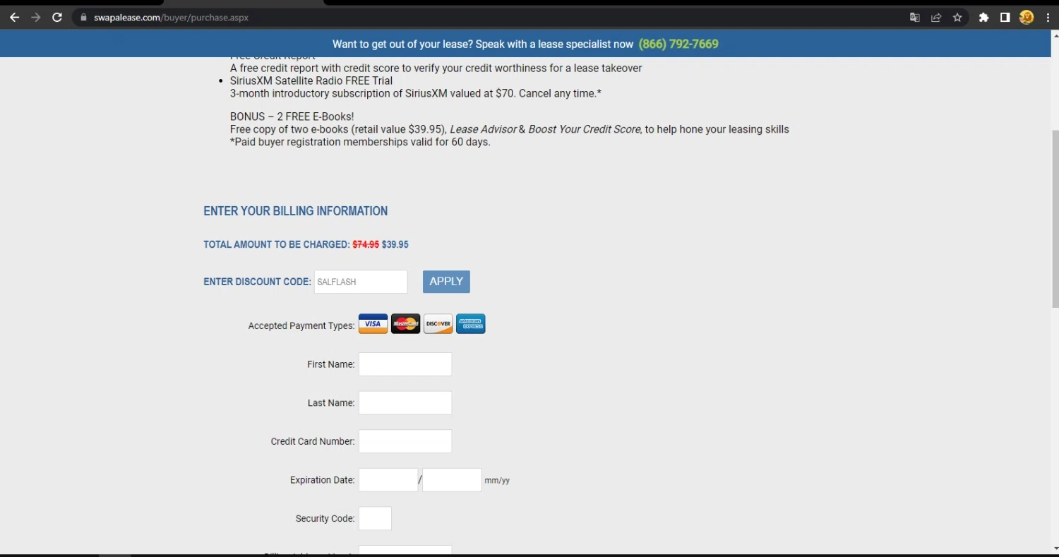 Swapalease checkout page showing Swapalease discount code box | Screenshot taken by SimplyCodes community member on Mar 23, 2023