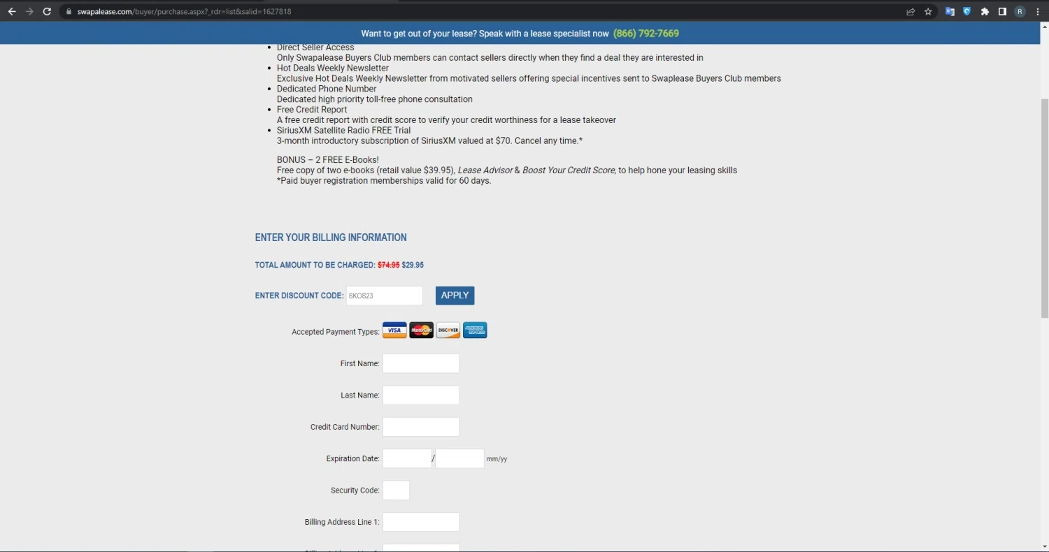 Swapalease checkout page showing Swapalease discount code box | Screenshot taken by SimplyCodes community member on May 30, 2023