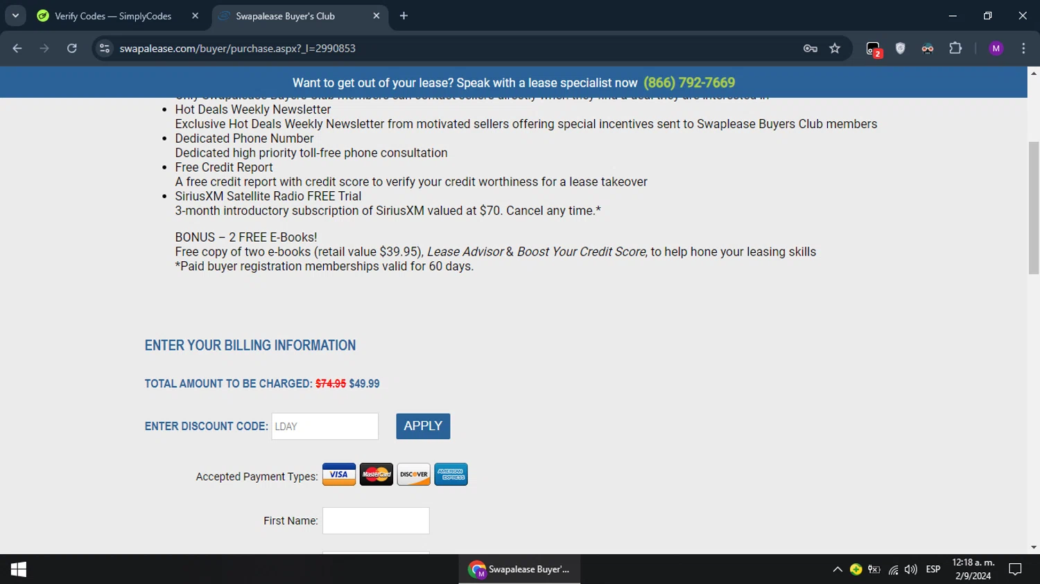 Swapalease checkout page showing Swapalease discount code box | Screenshot taken by SimplyCodes community member on Sep 2, 2024