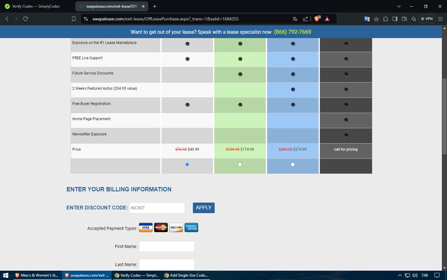 Swapalease checkout page showing Swapalease discount code box | Screenshot taken by SimplyCodes community member on Sep 9, 2024