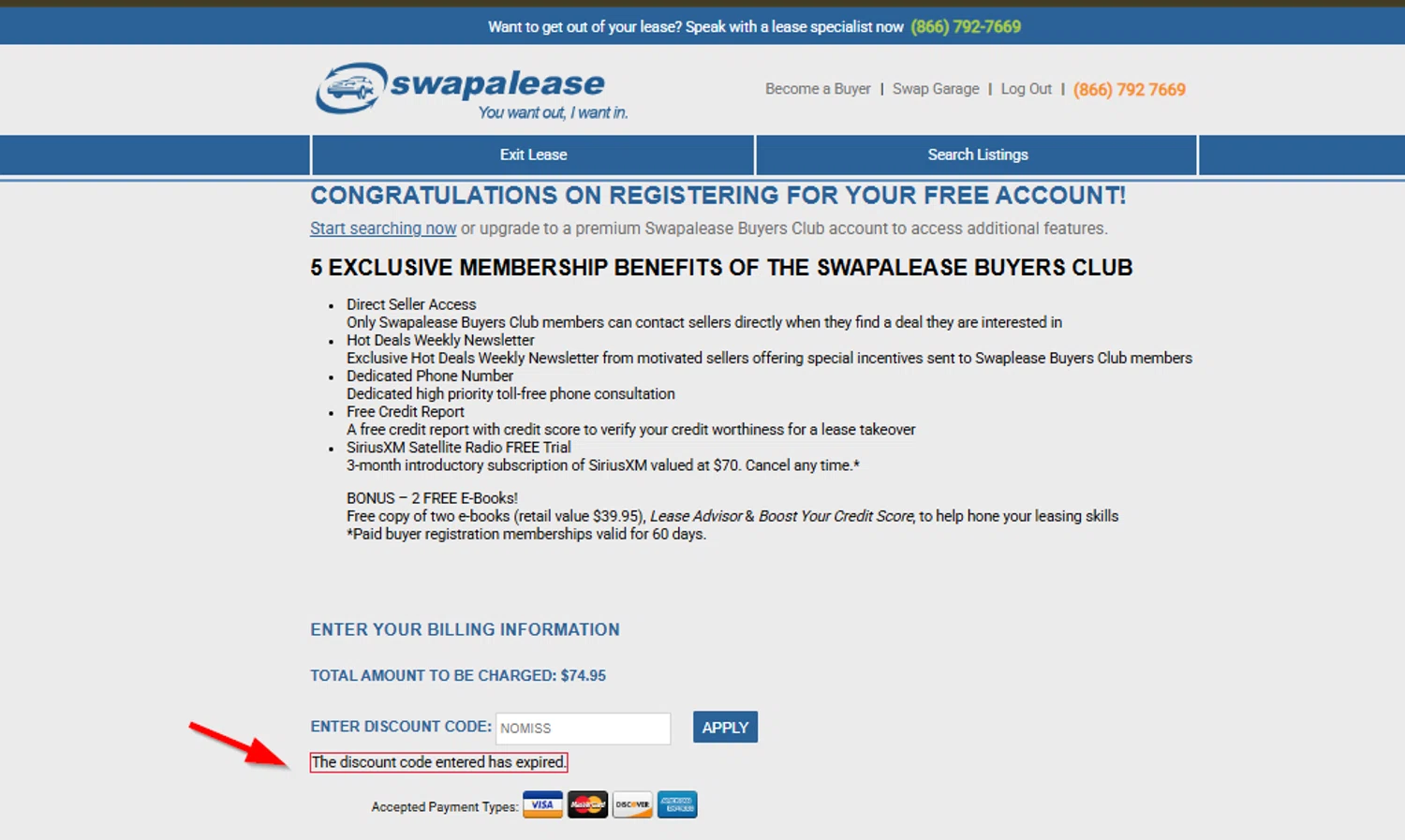 Swapalease discount code screenshot showing code NOMISS applied at Swapalease checkout page. Uploaded by SimplyCodes community member SimplyCVerlie on Jan 19, 2025