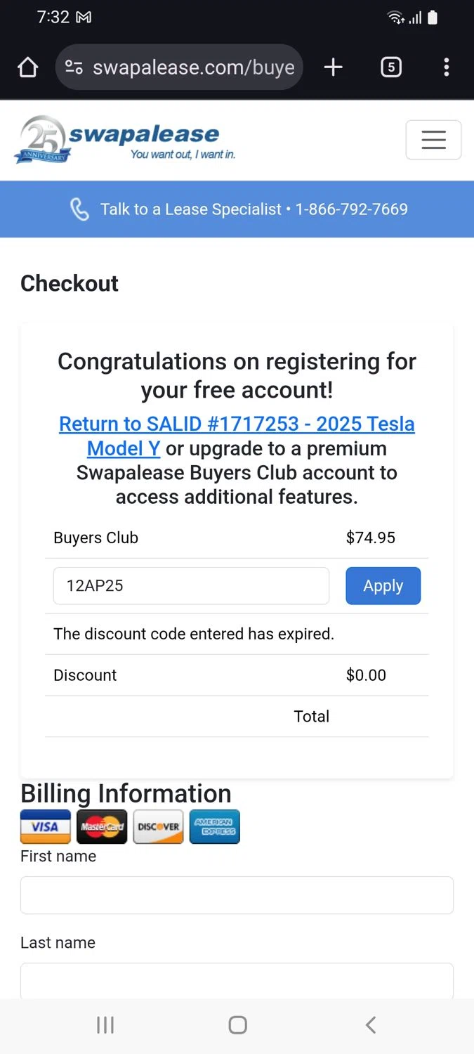 Swapalease promo code screenshot showing code 12AP25 applied at Swapalease checkout page. Uploaded by SimplyCodes community member tulioriera on Jan 9, 2026