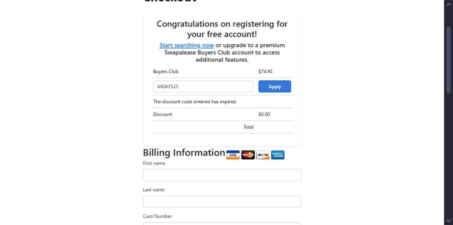 Swapalease promo code screenshot showing code MDAYS25 applied at Swapalease checkout page. Uploaded by SimplyCodes community member TraxoGamer on Dec 18, 2025