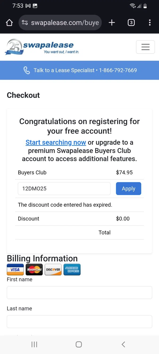 Swapalease promo code screenshot showing code 12DMO25 applied at Swapalease checkout page. Uploaded by SimplyCodes community member tulioriera on Dec 19, 2025