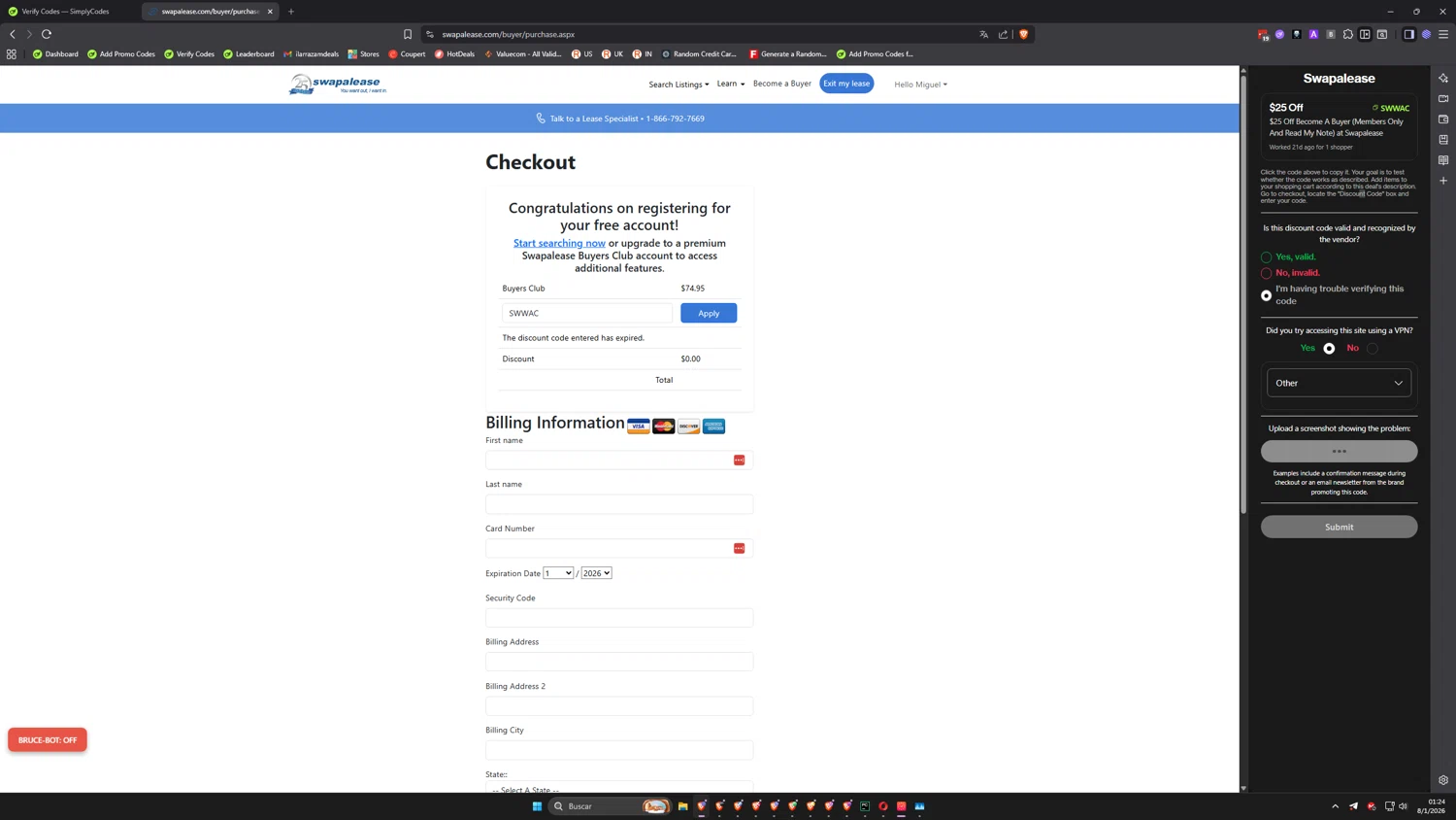 Swapalease promo code screenshot showing code SWWAC applied at Swapalease checkout page. Uploaded by SimplyCodes community member ilarrazam7 on Jan 8, 2026