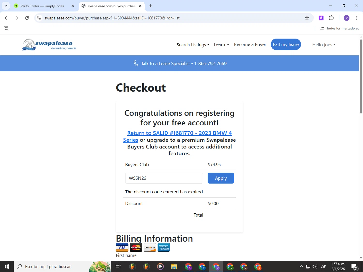 Swapalease promo code screenshot showing code WSSN26 applied at Swapalease checkout page. Uploaded by SimplyCodes community member Gianpiero on Jan 8, 2026