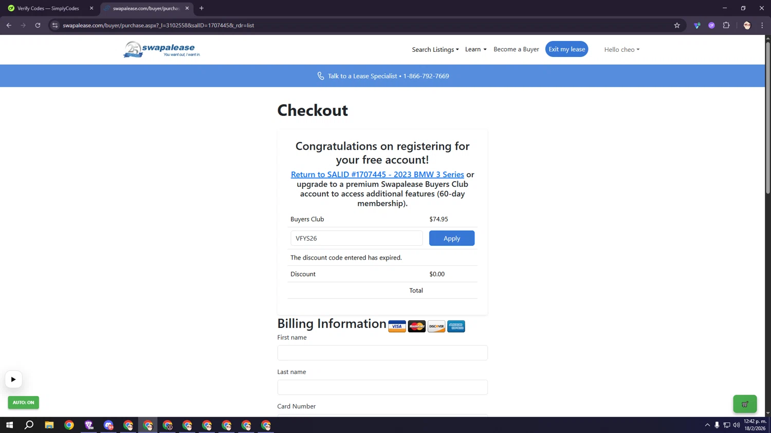 Swapalease promo code screenshot showing code VFYS26 applied at Swapalease checkout page. Uploaded by SimplyCodes community member bakyhatman1020 on Feb 18, 2026