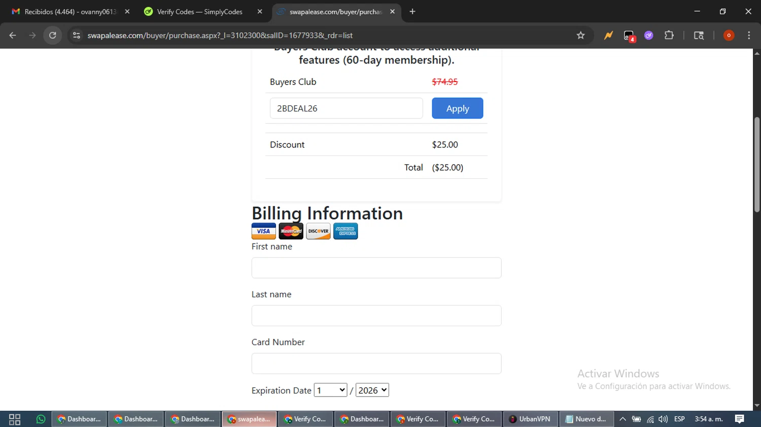 Swapalease promo code screenshot showing code 2BDEAL26 applied at Swapalease checkout page. Uploaded by SimplyCodes community member WiseTracker2171 on Feb 17, 2026