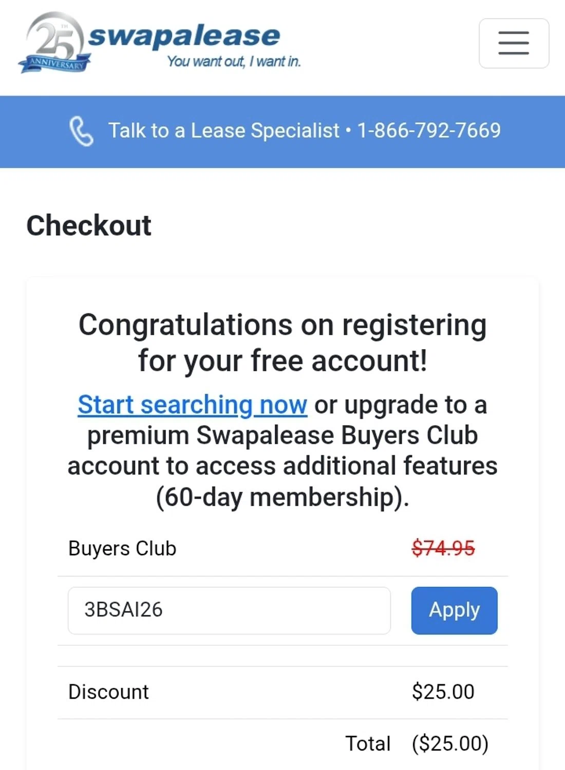 Swapalease promo code screenshot showing code 3BSAI26 applied at Swapalease checkout page. Uploaded by SimplyCodes community member ValiantCurator3344 on Mar 28, 2026