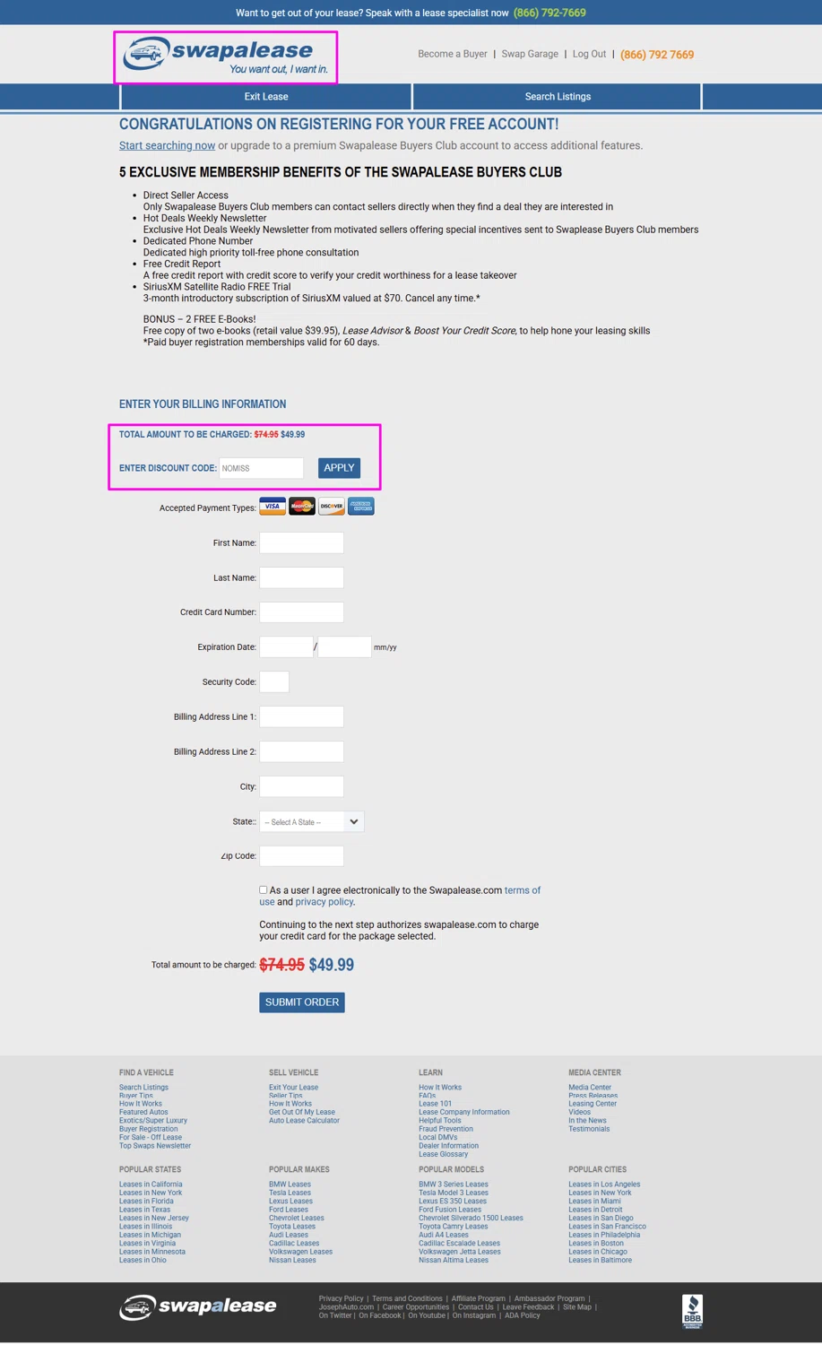 Swapalease discount code screenshot showing code NOMISS applied at Swapalease checkout page. Uploaded by SimplyCodes community member mrdarcy on Jan 16, 2025