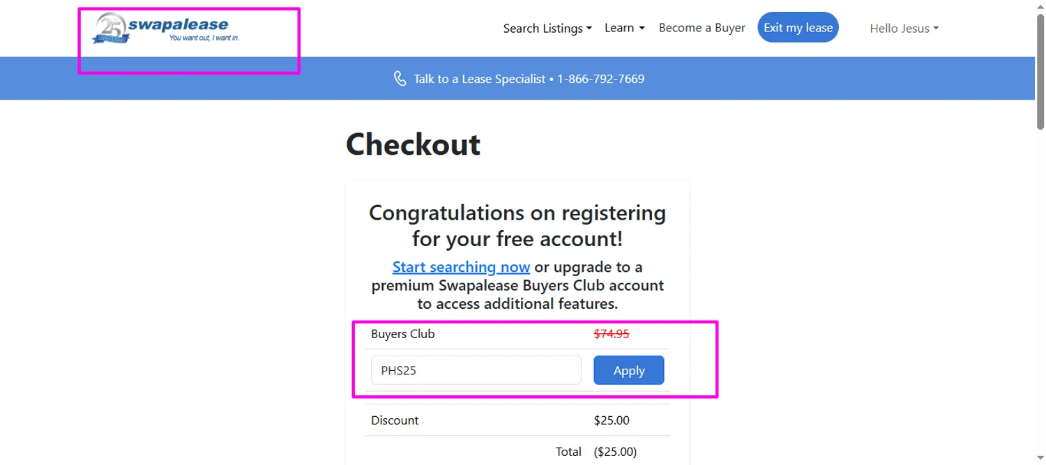 Swapalease promo code screenshot showing code PHS25 applied at Swapalease checkout page. Uploaded by SimplyCodes community member mrdarcy on Dec 26, 2025