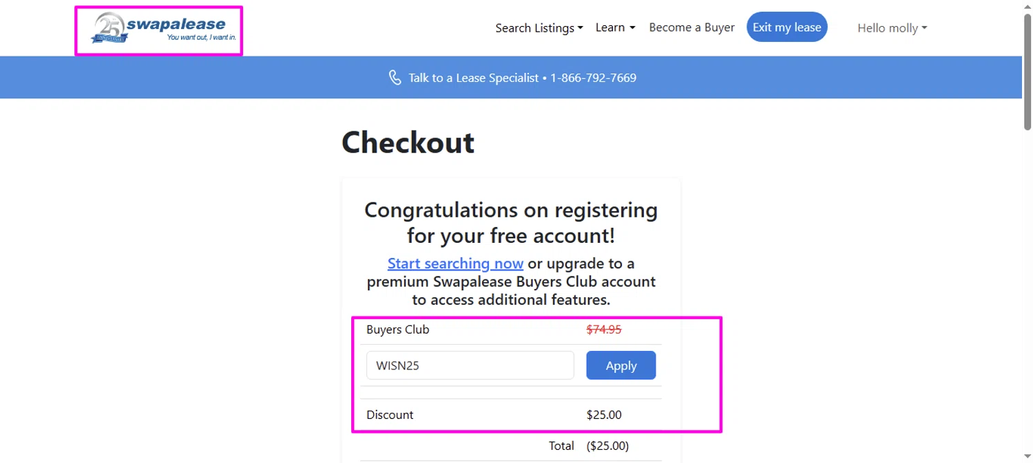 Swapalease discount code screenshot showing code WISN25 applied at Swapalease checkout page. Uploaded by SimplyCodes community member mrdarcy on Jan 3, 2026
