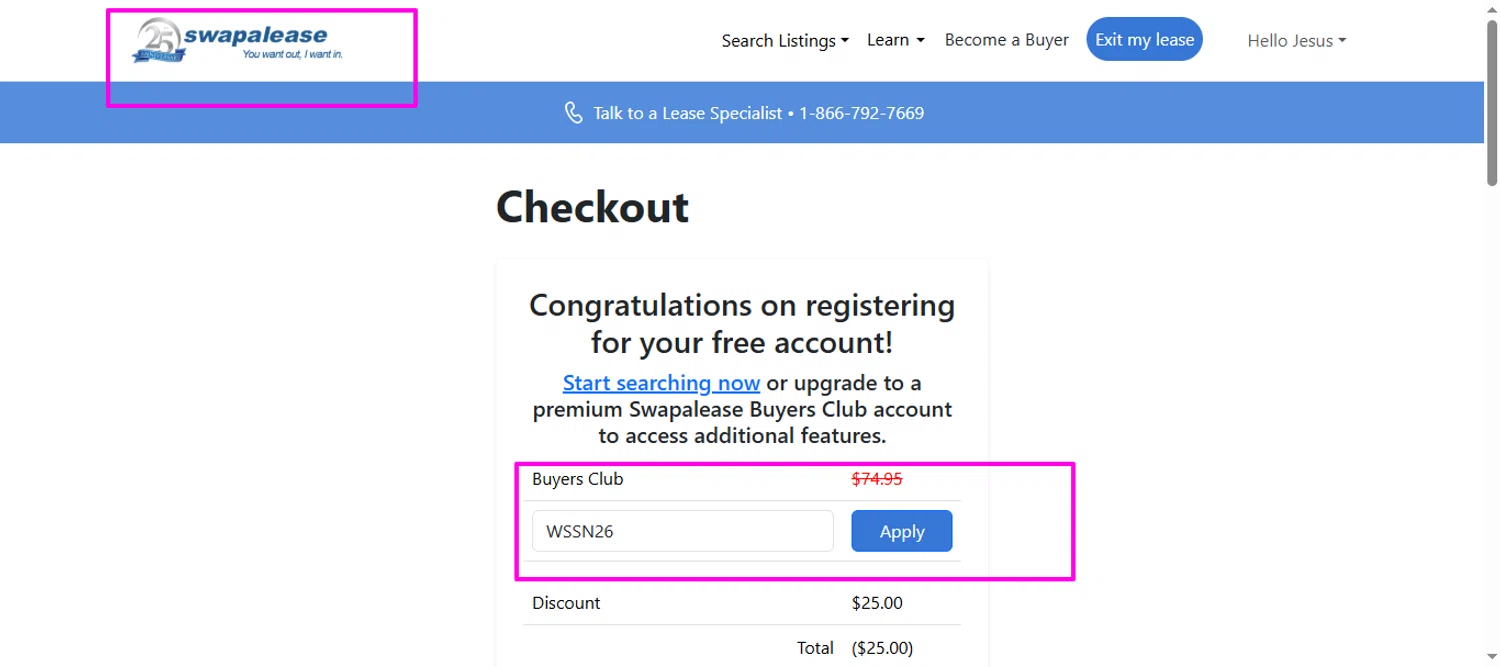 Swapalease discount code screenshot showing code WSSN26 applied at Swapalease checkout page. Uploaded by SimplyCodes community member mrdarcy on Jan 5, 2026