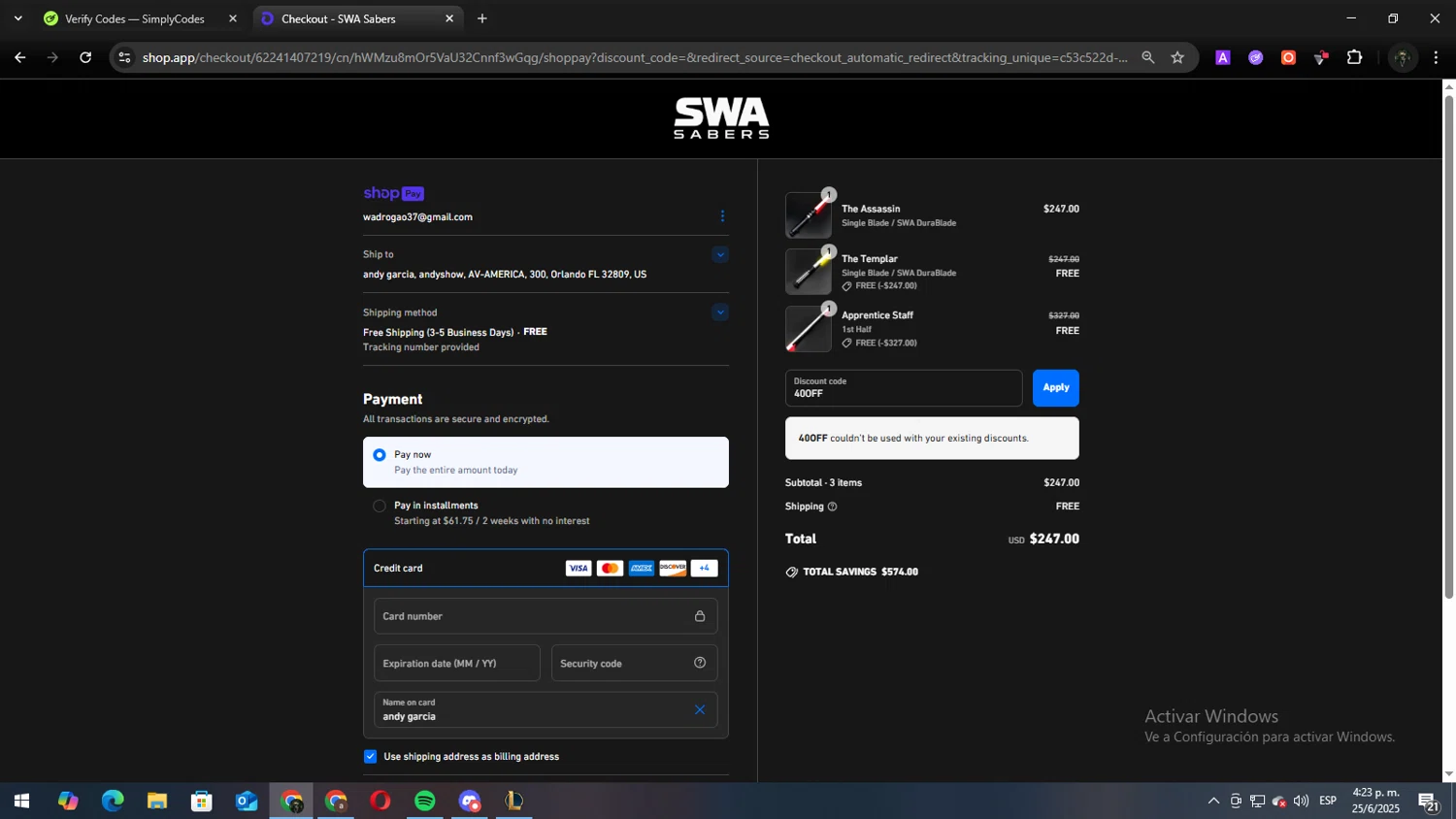 SWA Sabers discount code screenshot showing code 40OFF applied at SWA Sabers checkout page. Uploaded by SimplyCodes community member Andy2323 on Jun 25, 2025