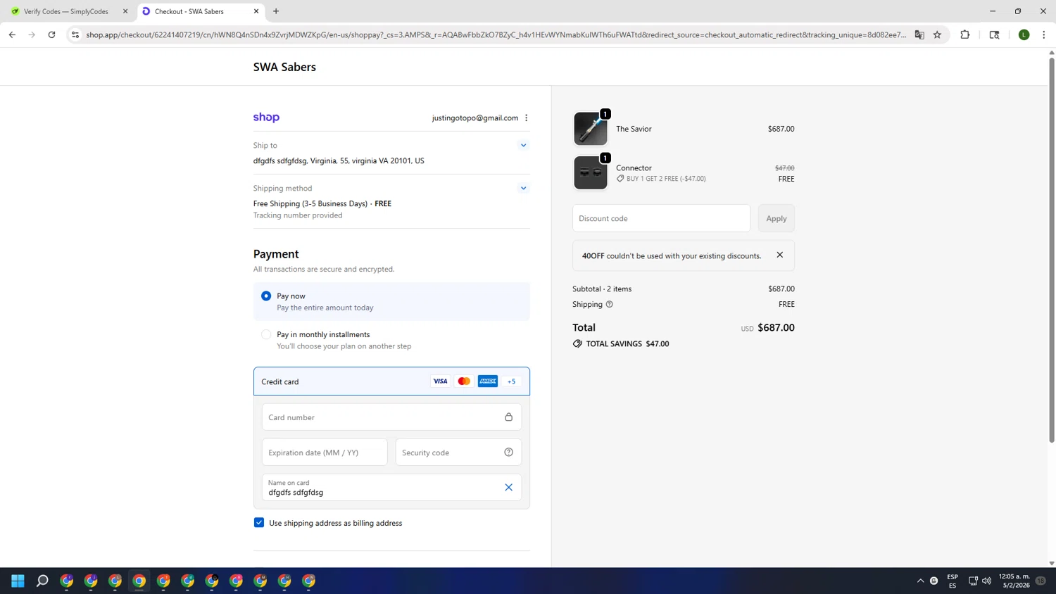 SWA Sabers checkout page showing SWA Sabers discount code box | Screenshot taken by SimplyCodes community member on Feb 5, 2026