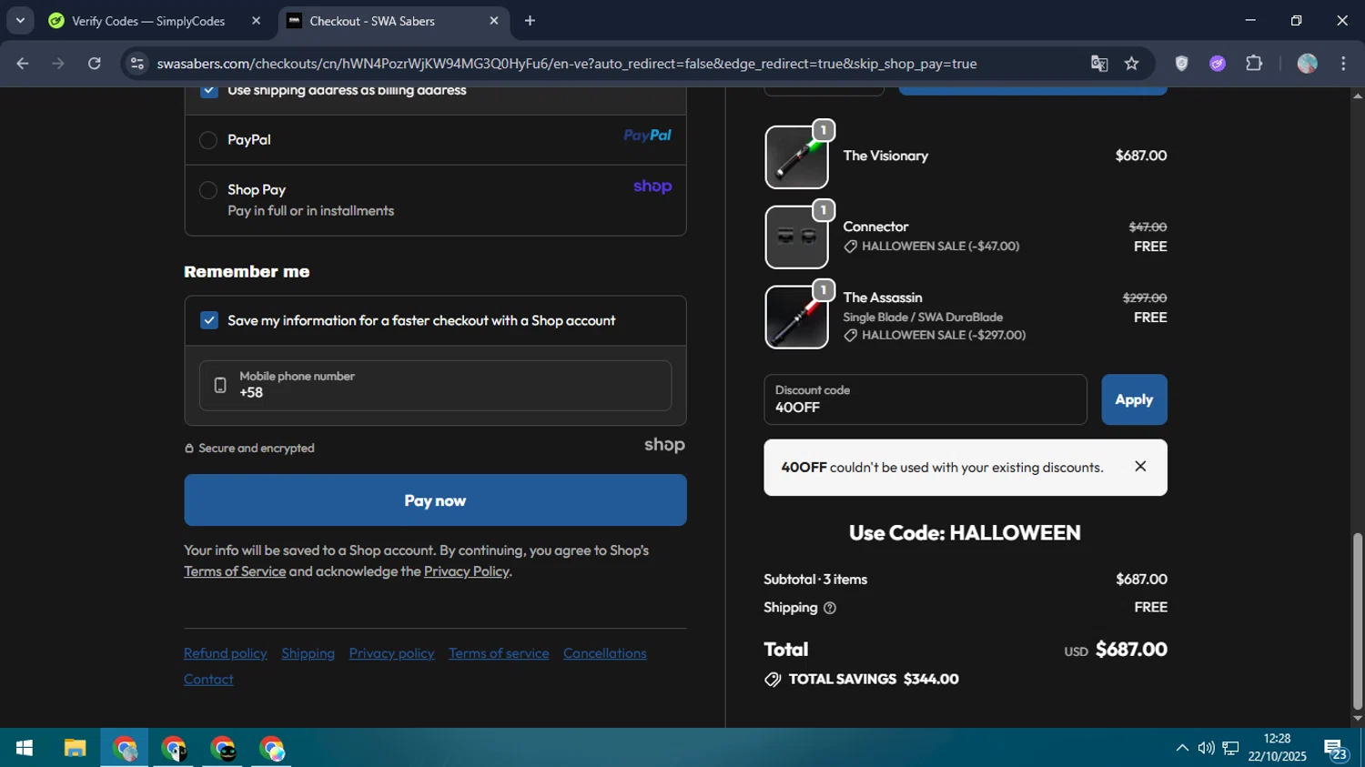 SWA Sabers discount code screenshot showing code 40OFF applied at SWA Sabers checkout page. Uploaded by SimplyCodes community member LegendaryPro7106 on Oct 22, 2025