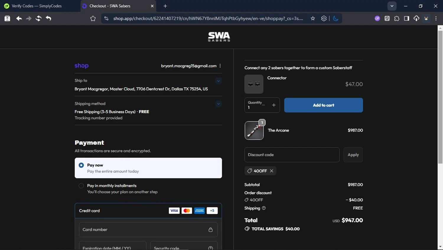 SWA Sabers discount code screenshot showing code 40OFF applied at SWA Sabers checkout page. Uploaded by SimplyCodes community member USER_RANDON on Dec 6, 2025
