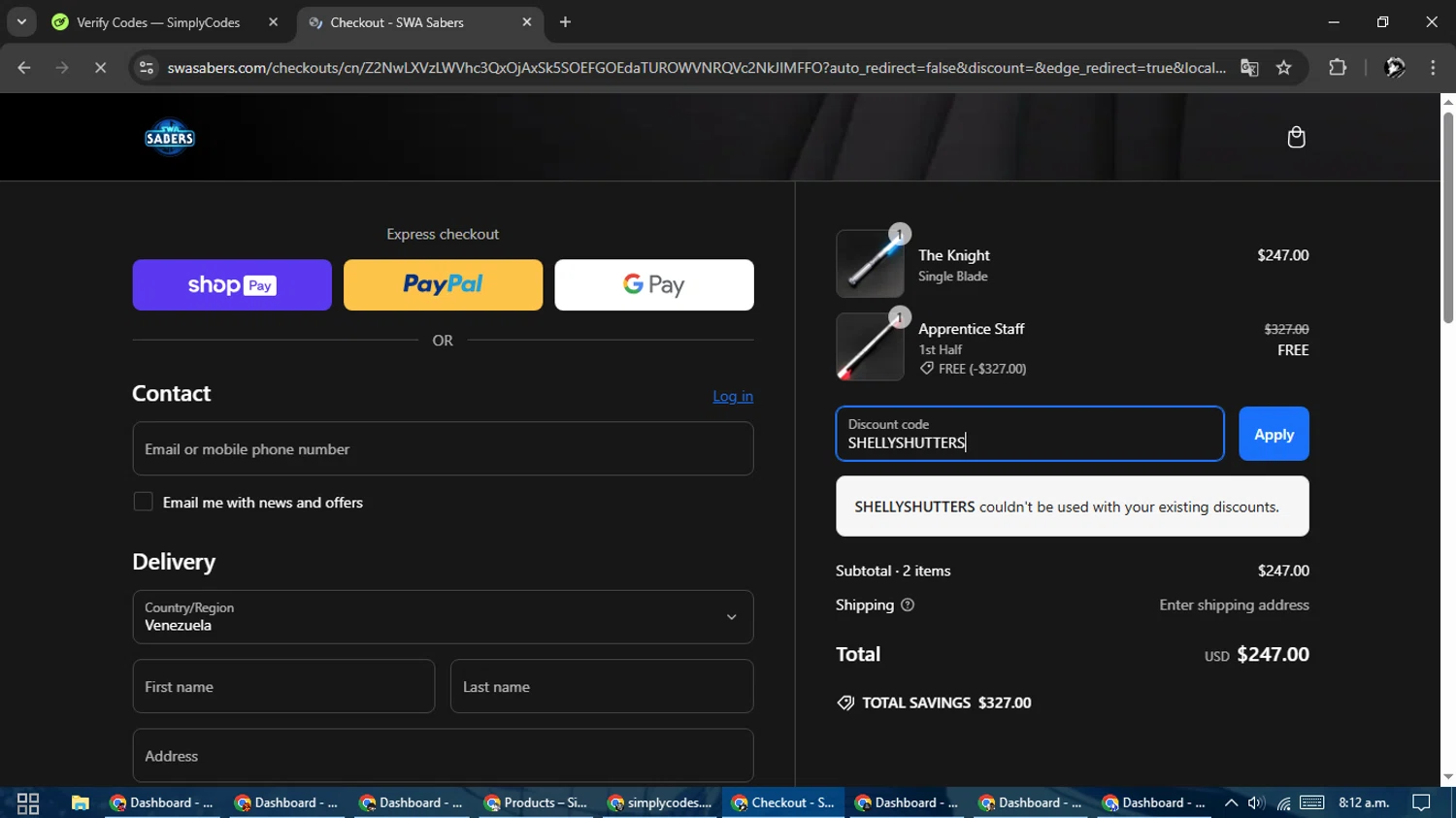 SWA Sabers discount code screenshot showing code SHELLYSHUTTERS applied at SWA Sabers checkout page. Uploaded by SimplyCodes community member SavvyChaser6563 on Mar 7, 2025