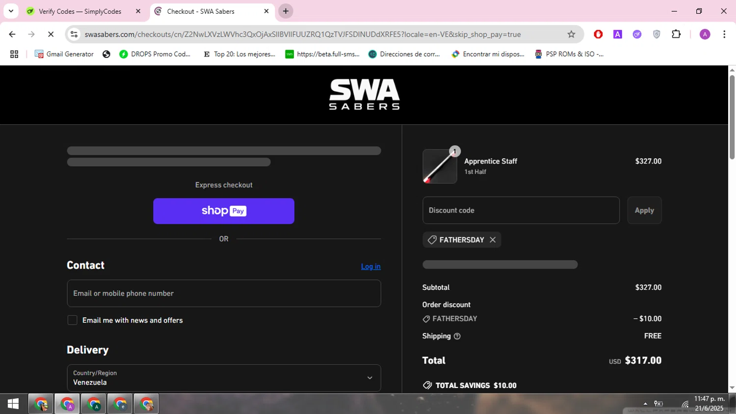 SWA Sabers discount code screenshot showing code FATHERSDAY applied at SWA Sabers checkout page. Uploaded by SimplyCodes community member ARCANGEL on Jun 22, 2025