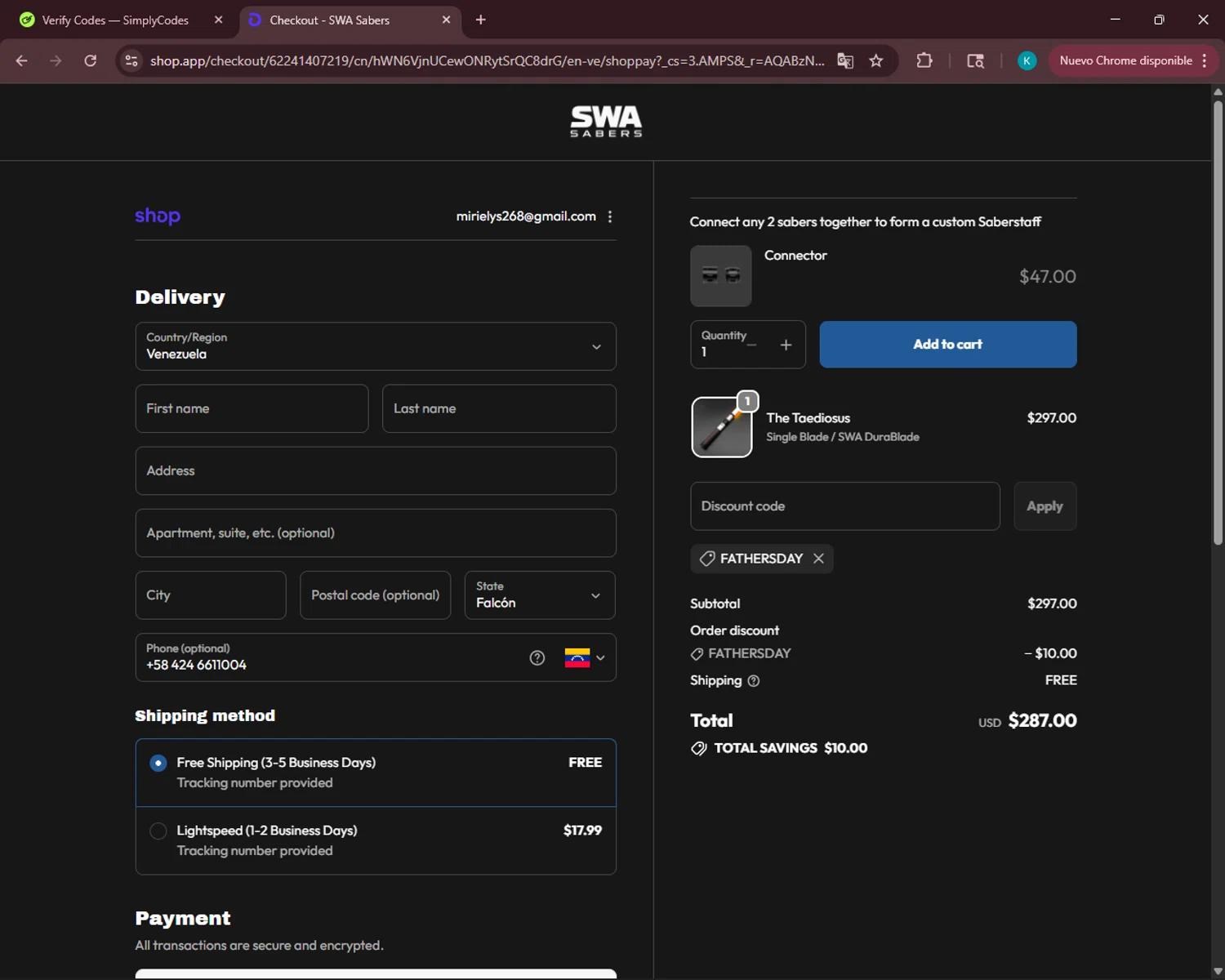 SWA Sabers discount code screenshot showing code FATHERSDAY applied at SWA Sabers checkout page. Uploaded by SimplyCodes community member VoucherSleuth3236 on Dec 16, 2025