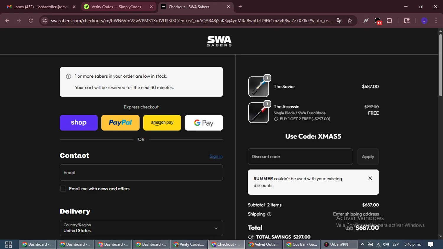SWA Sabers discount code screenshot showing code SUMMER applied at SWA Sabers checkout page. Uploaded by SimplyCodes community member LegendaryLegend9872 on Dec 16, 2025