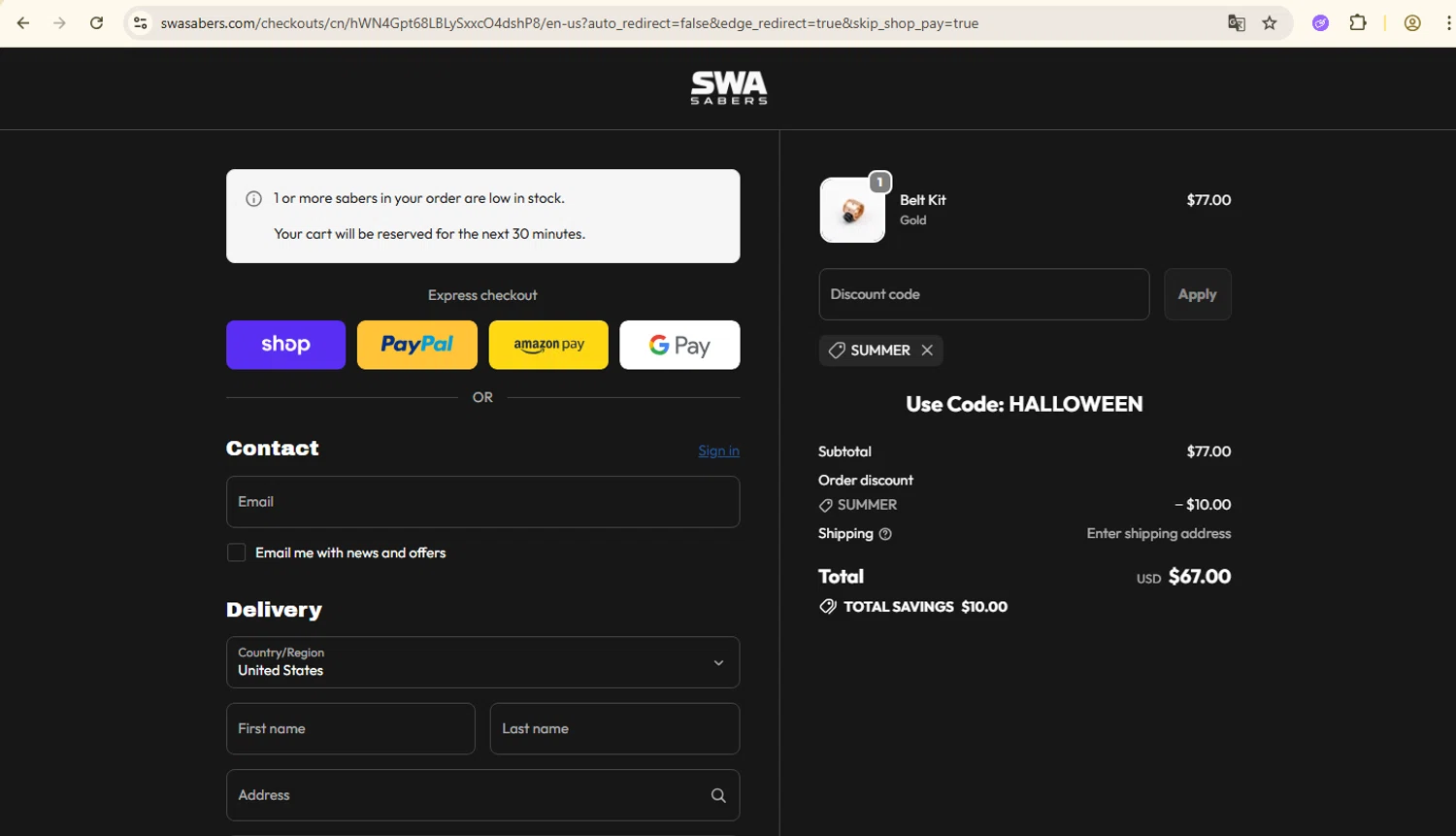 SWA Sabers discount code screenshot showing code SUMMER applied at SWA Sabers checkout page. Uploaded by SimplyCodes community member LegendarySage5106 on Oct 18, 2025