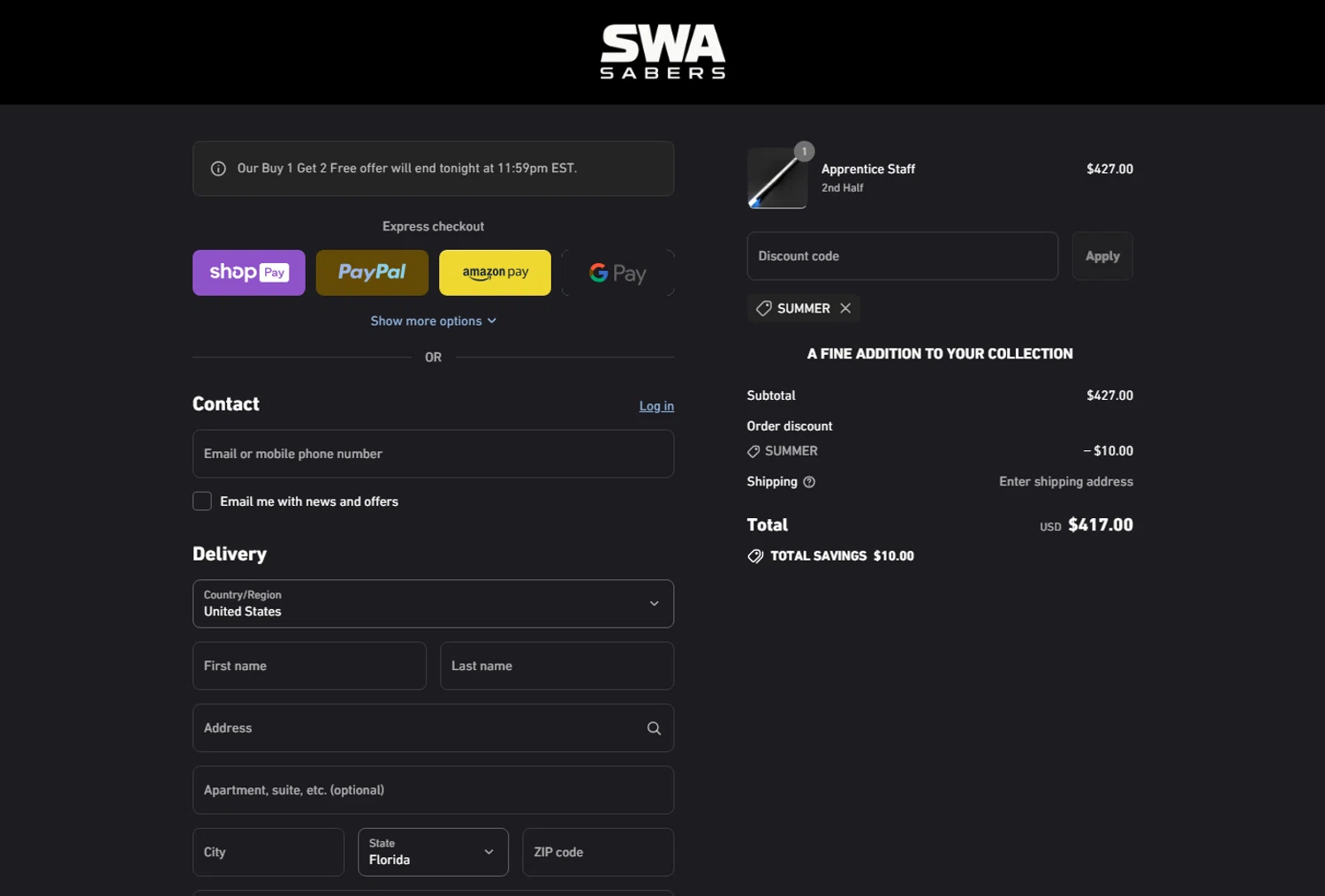 SWA Sabers discount code screenshot showing code SUMMER applied at SWA Sabers checkout page. Uploaded by SimplyCodes community member tony2702 on Jul 23, 2025