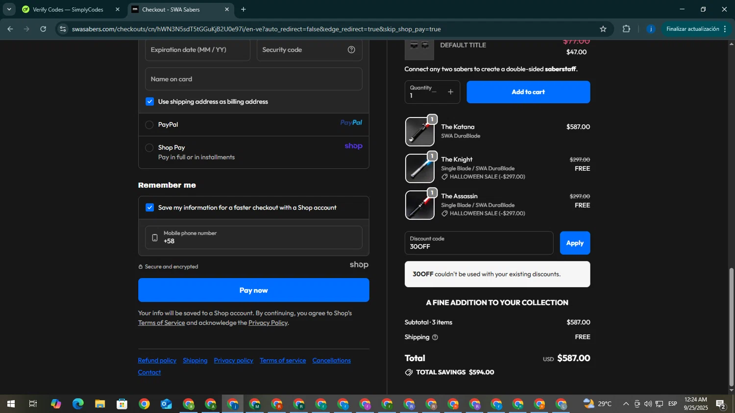 SWA Sabers discount code screenshot showing code 30OFF applied at SWA Sabers checkout page. Uploaded by SimplyCodes community member CrownElite7615 on Sep 25, 2025