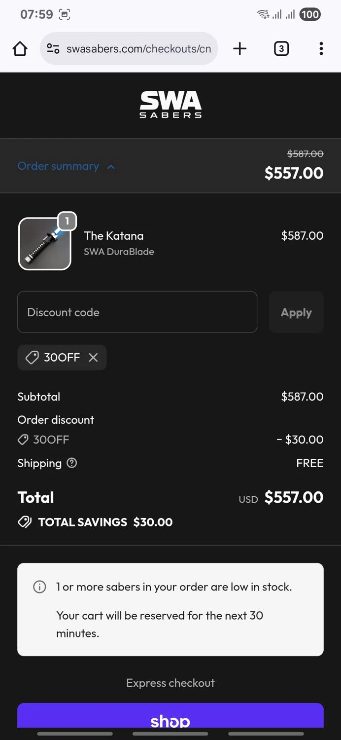 SWA Sabers discount code screenshot showing code 30OFF applied at SWA Sabers checkout page. Uploaded by SimplyCodes community member LegendaryTitan9160 on Oct 27, 2025