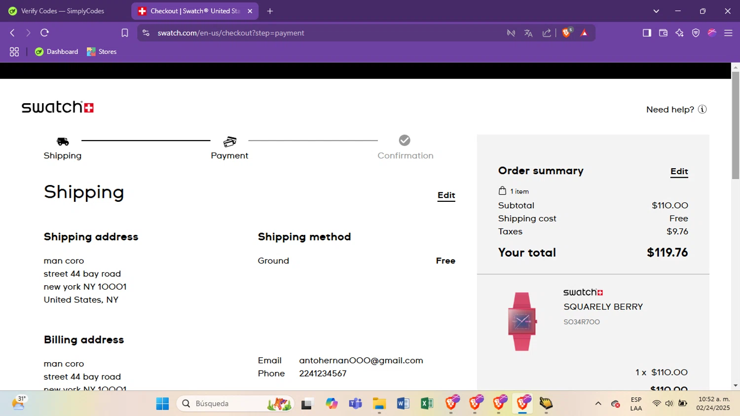 Swatch promo code screenshot showing code SAVE15 applied at Swatch checkout page. Uploaded by SimplyCodes community member antoooooooooooooo on Feb 24, 2025